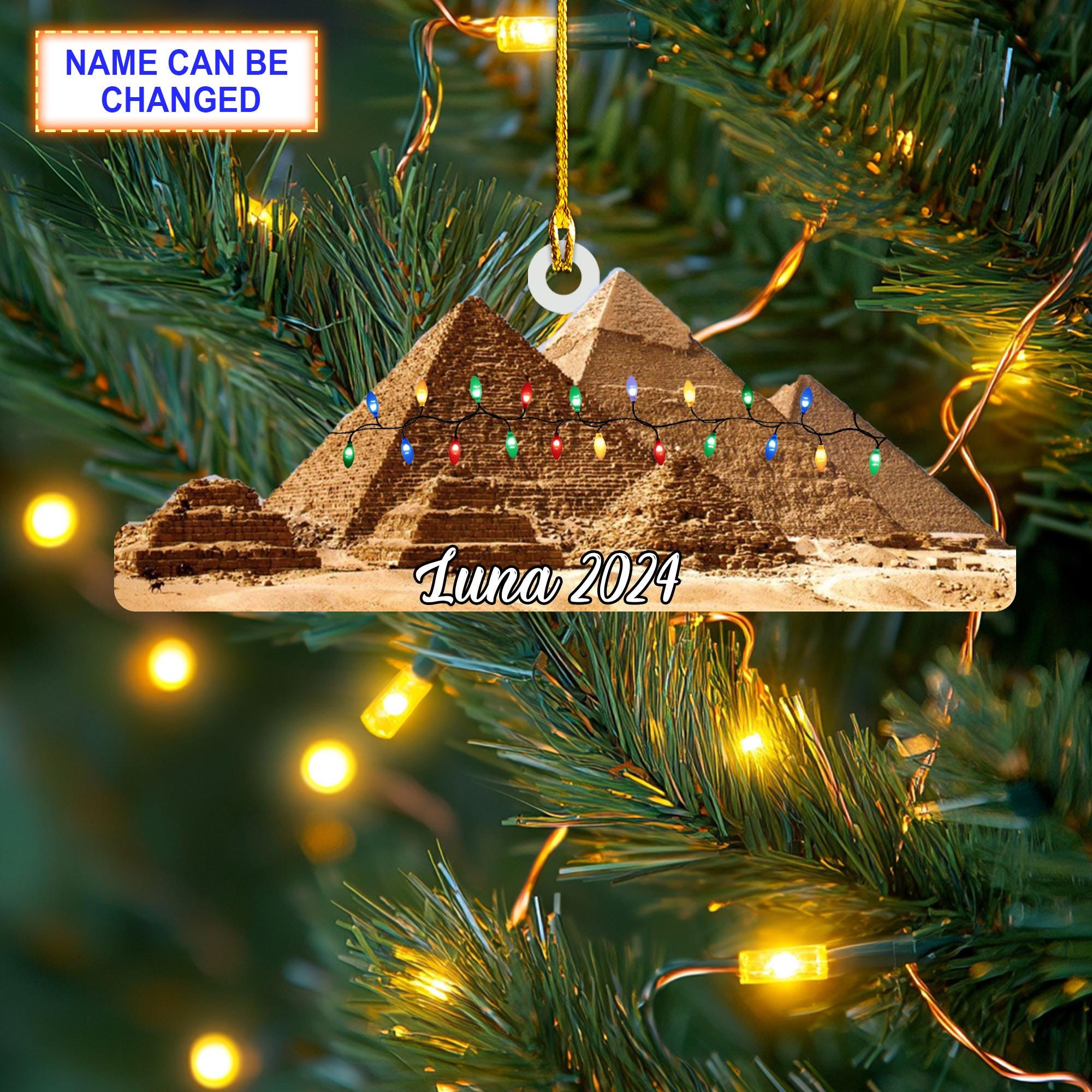 Custom Name Great Pyramid of Giza With Christmas Lights Christmas Ornament, Christmas Tree Hanging Decor,2D Ornament, Ceramic Round Ornament
