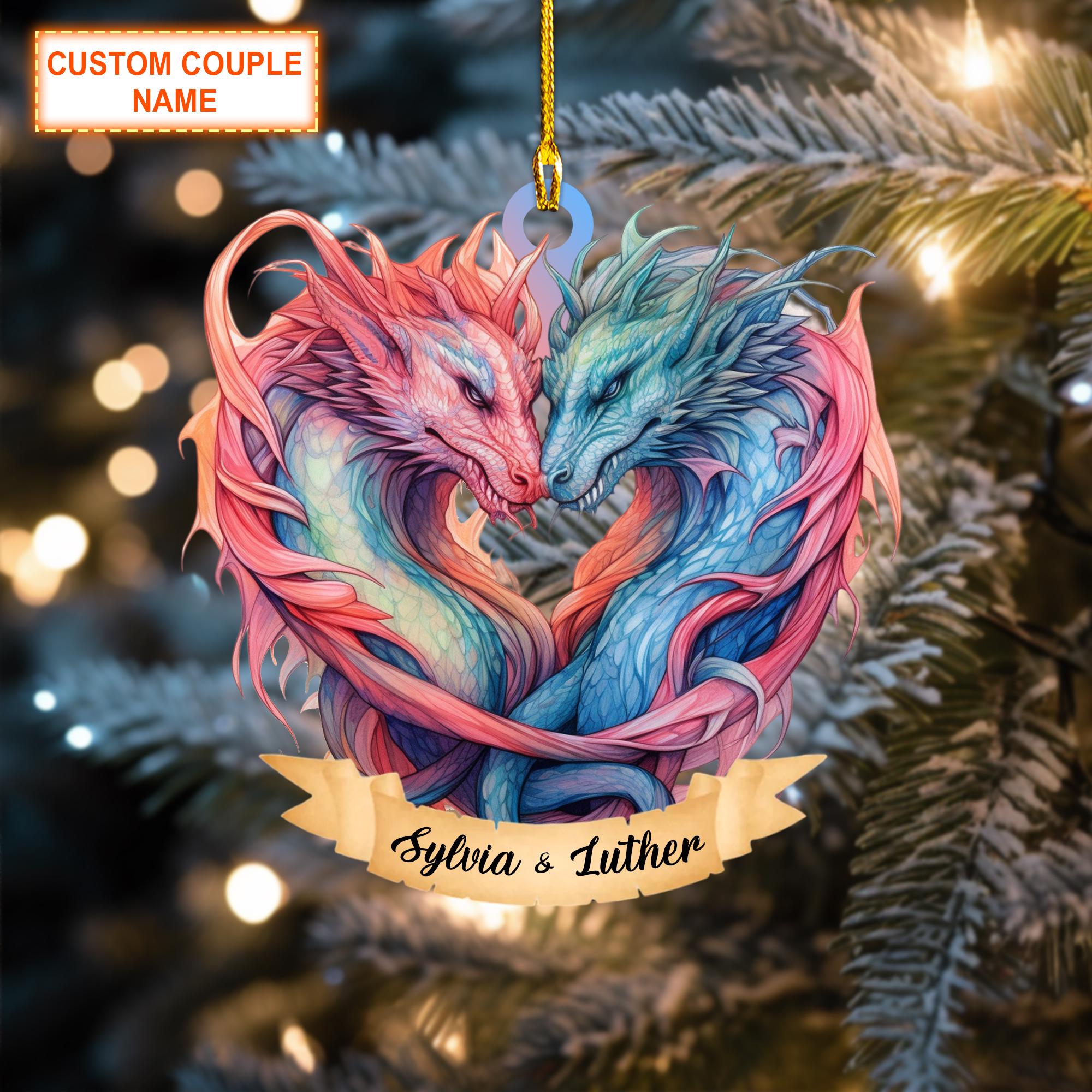 Custom Couple Name Couple Dragon Christmas Ornament, Christmas Tree Hanging Decor, Flat 2D Ornament Acrylic/ Wooden, Dragon Lover Gift