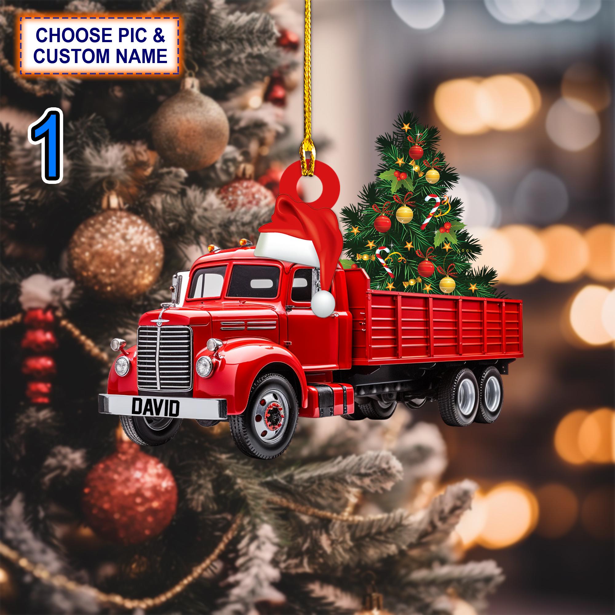 Custom Name Truck Merry Tree Christmas Personalized Ornament, Christmas Tree Hanging Decor, Flat 2D Ornament Acrylic/ Wooden, Trucker Gift