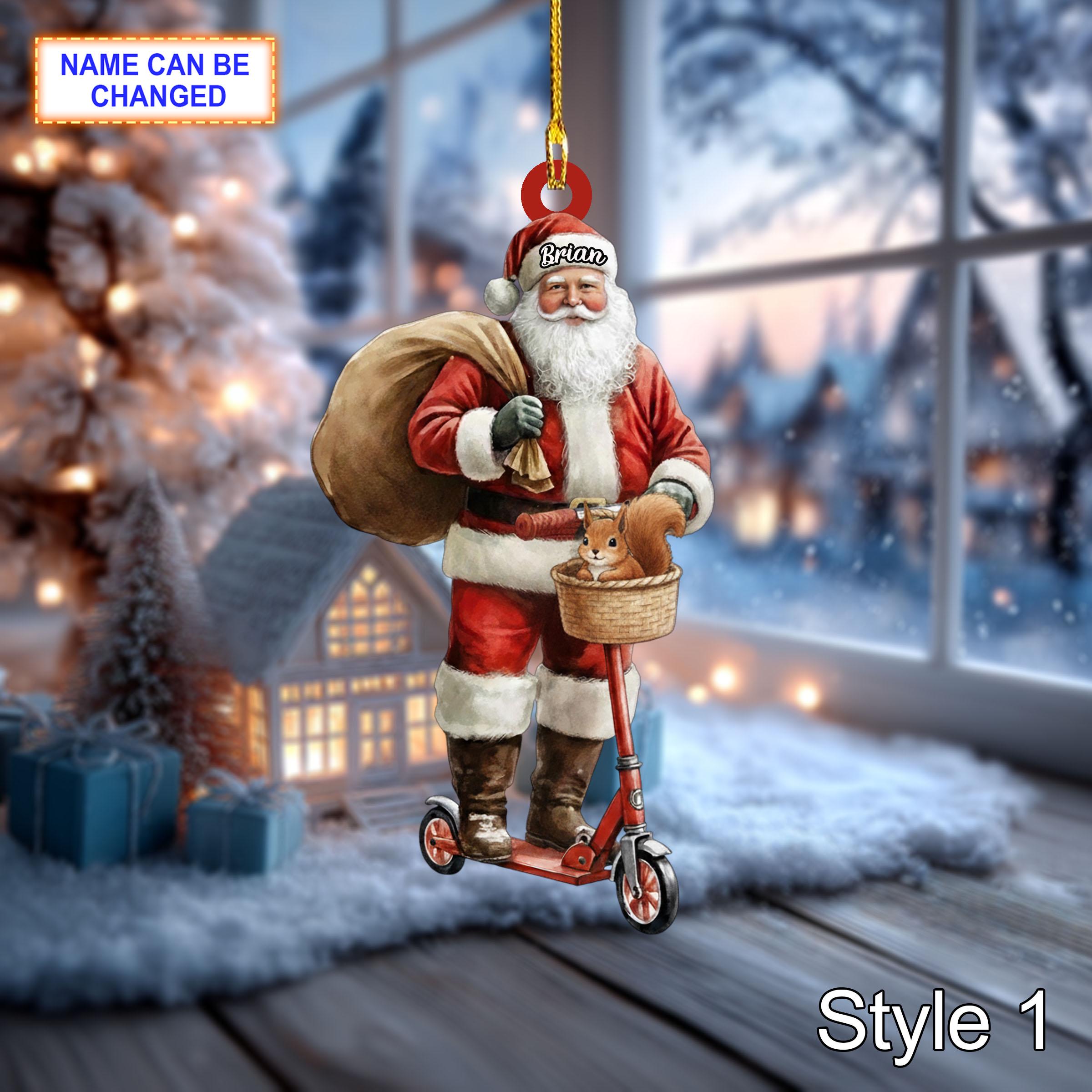 Custom Name Santa Kick Scooter Squirrel Personalized Ornament, Christmas Tree Hanging Decor, 2D Flat Acrylic Christmas Ornament Holiday Gift