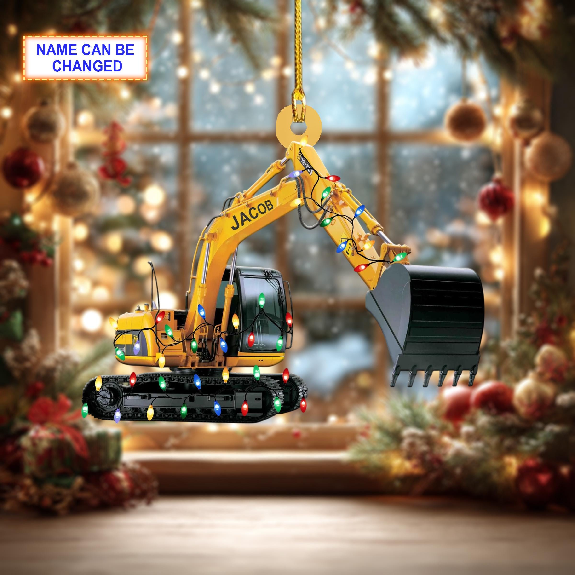 Custom Name Excavator Led Light V1 Christmas Ornament Vehicle, Christmas Tree Hanging Decor, Flat 2D Ornament Acrylic