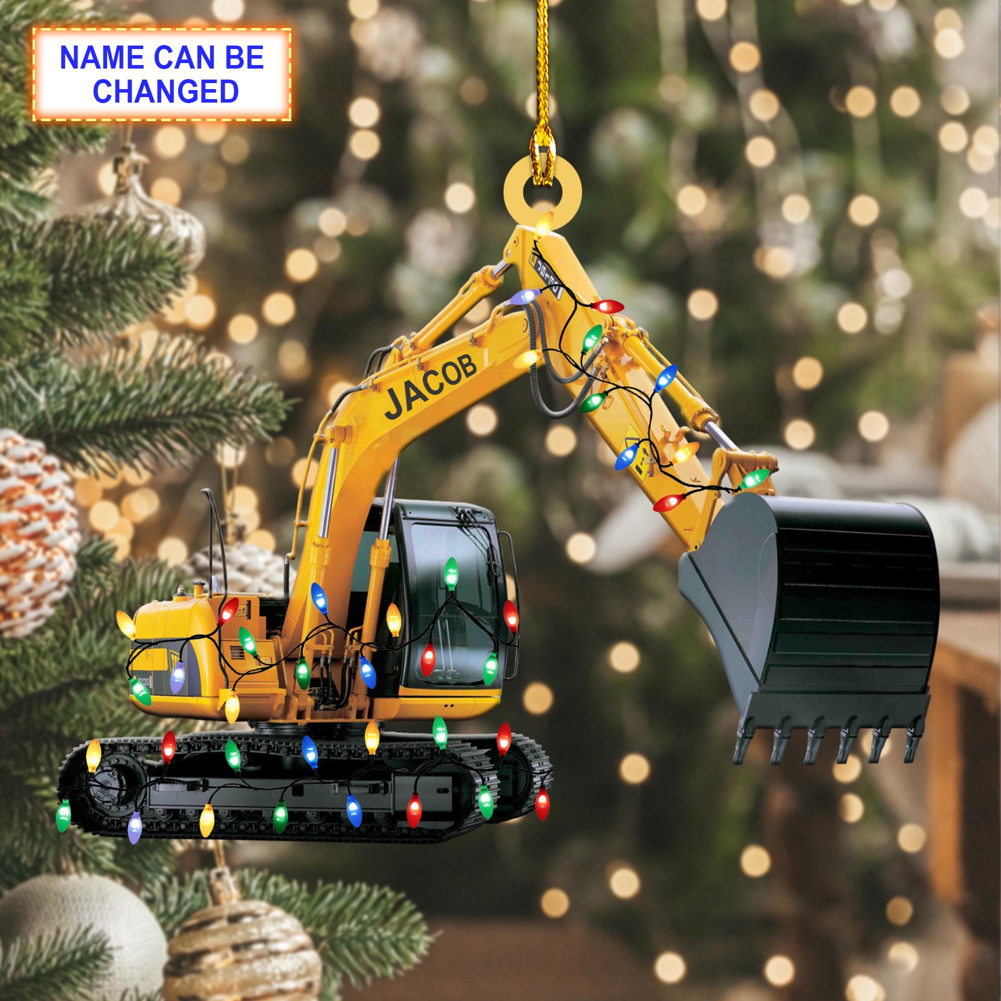 Custom Name Excavator Led Light V1 Christmas Ornament Vehicle, Christmas Tree Hanging Decor, Flat 2D Ornament Acrylic/Wooden