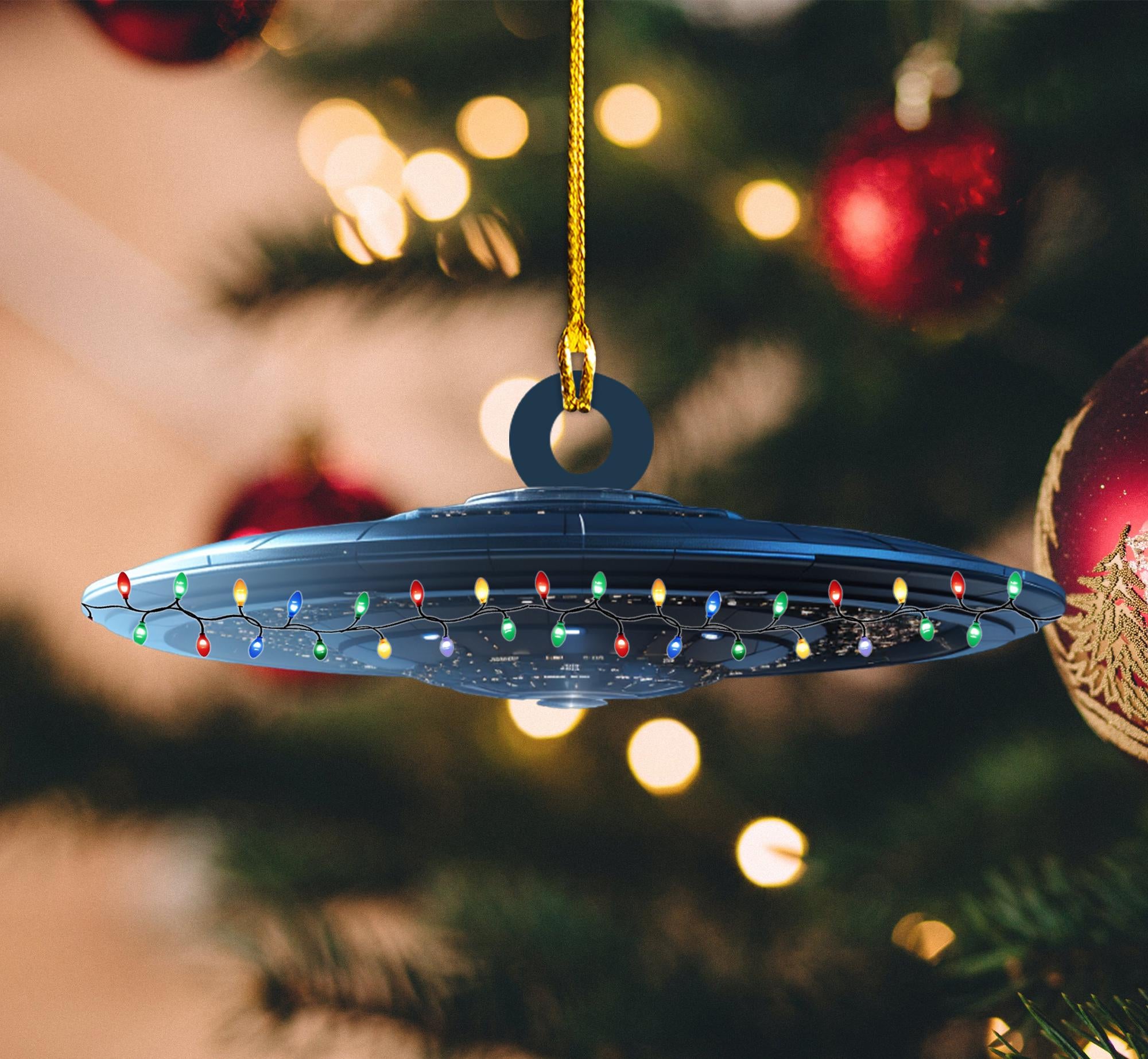 UFO With Led Light Personalized Ornament, Tree Hanging Decor, Christmas Ornament, Flat 2D Ornament Acrylic / Wooden