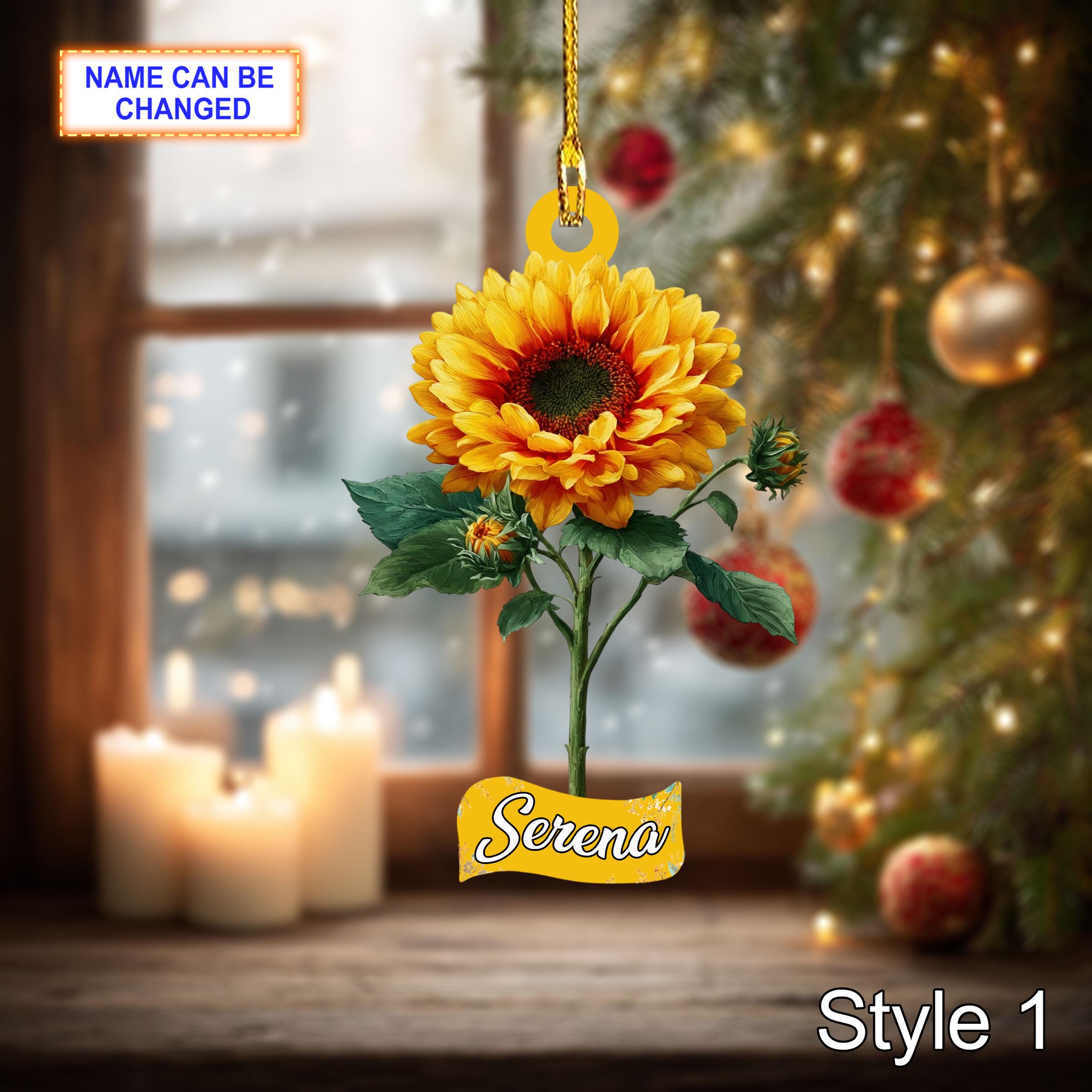 Custom Name Dry Pressing Sunflower Personalized Ornament, Christmas Tree Hanging Decoration, 2D Flat Acrylic Christmas Ornament Holiday Gift