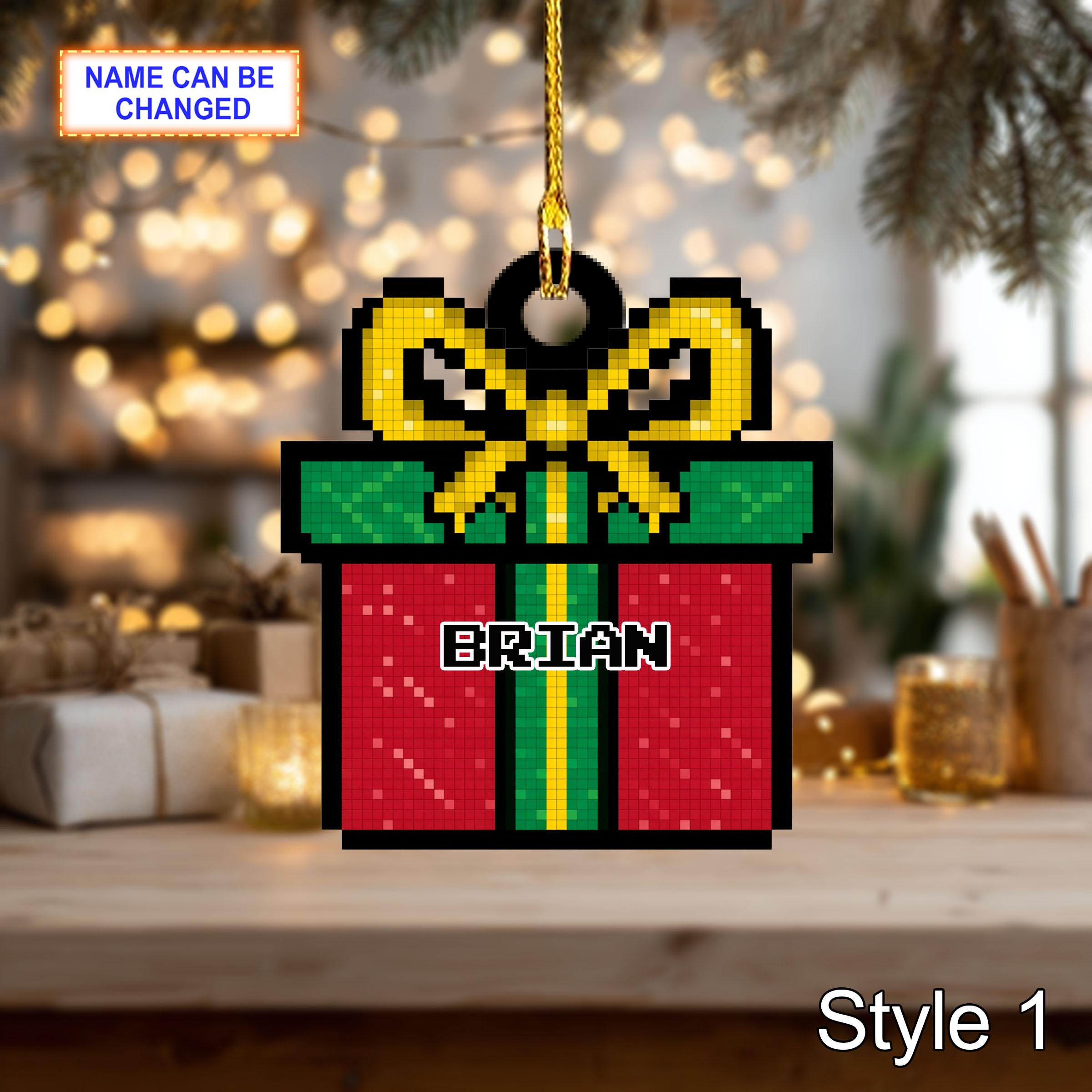 Custom Name Pixel Gift Box Personalized Ornament, Christmas Tree Hanging Decor, 2D Flat Acrylic Christmas Ornament Holiday Gift Set Joy
