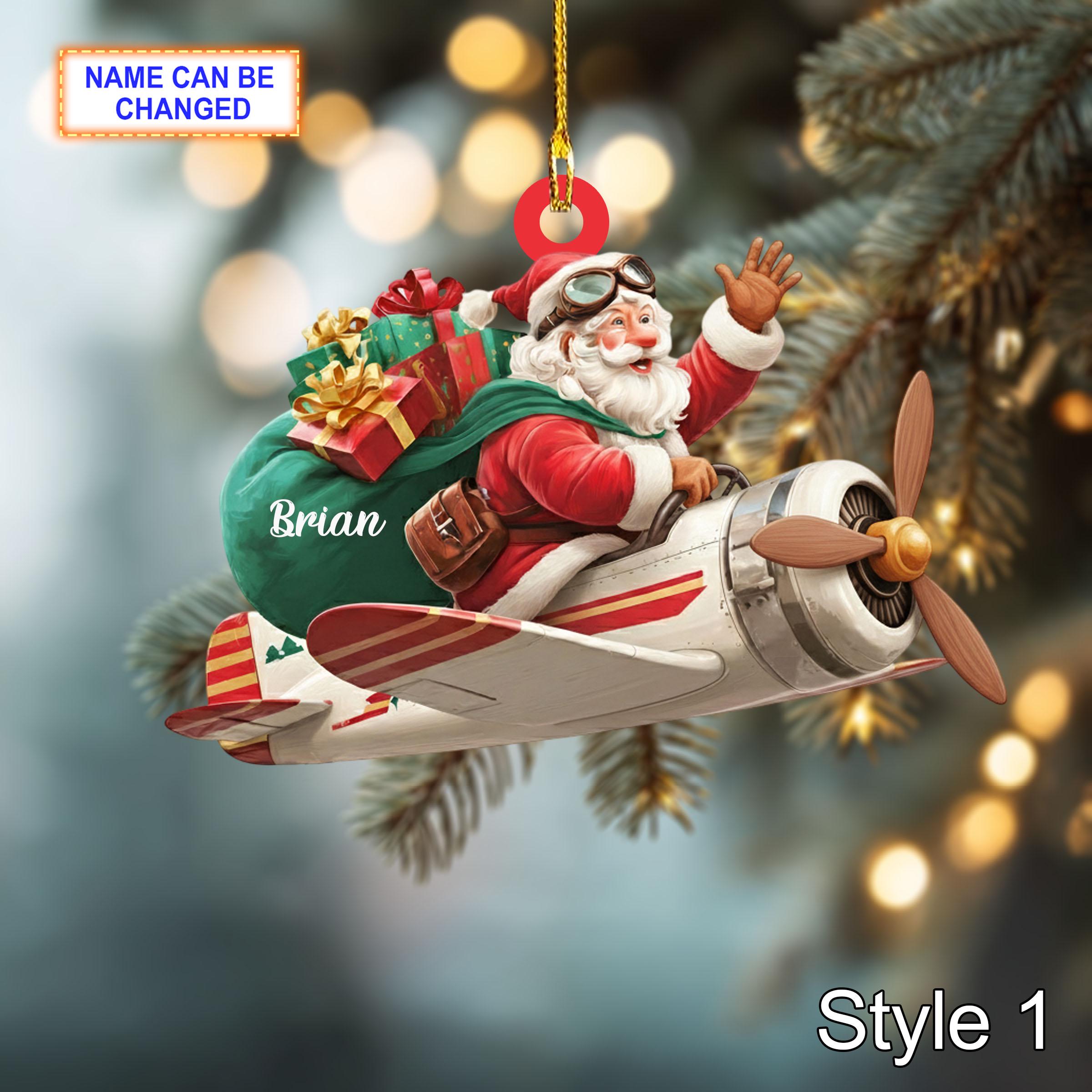 Custom Name Santa Drives Airplane Personalized Ornament, Christmas Tree Hanging Decor, 2D Flat Acrylic Christmas Ornament Holiday Gift Joy