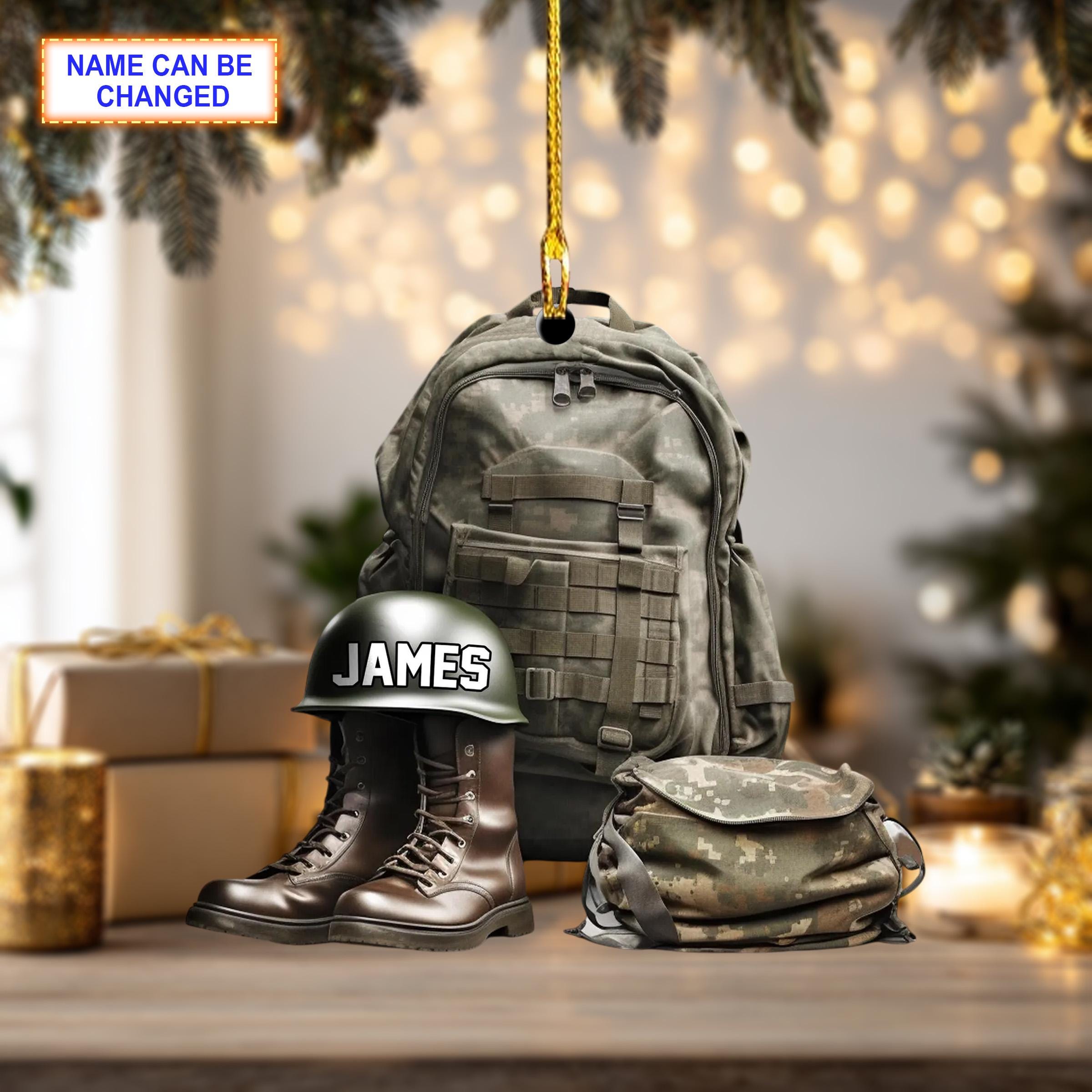 Custom Name Military Uniform Boots & Helmet V3 Christmas Ornament, Christmas Tree Hanging Decor,Flat 2D Ornament Acrylic,Veteran Gift