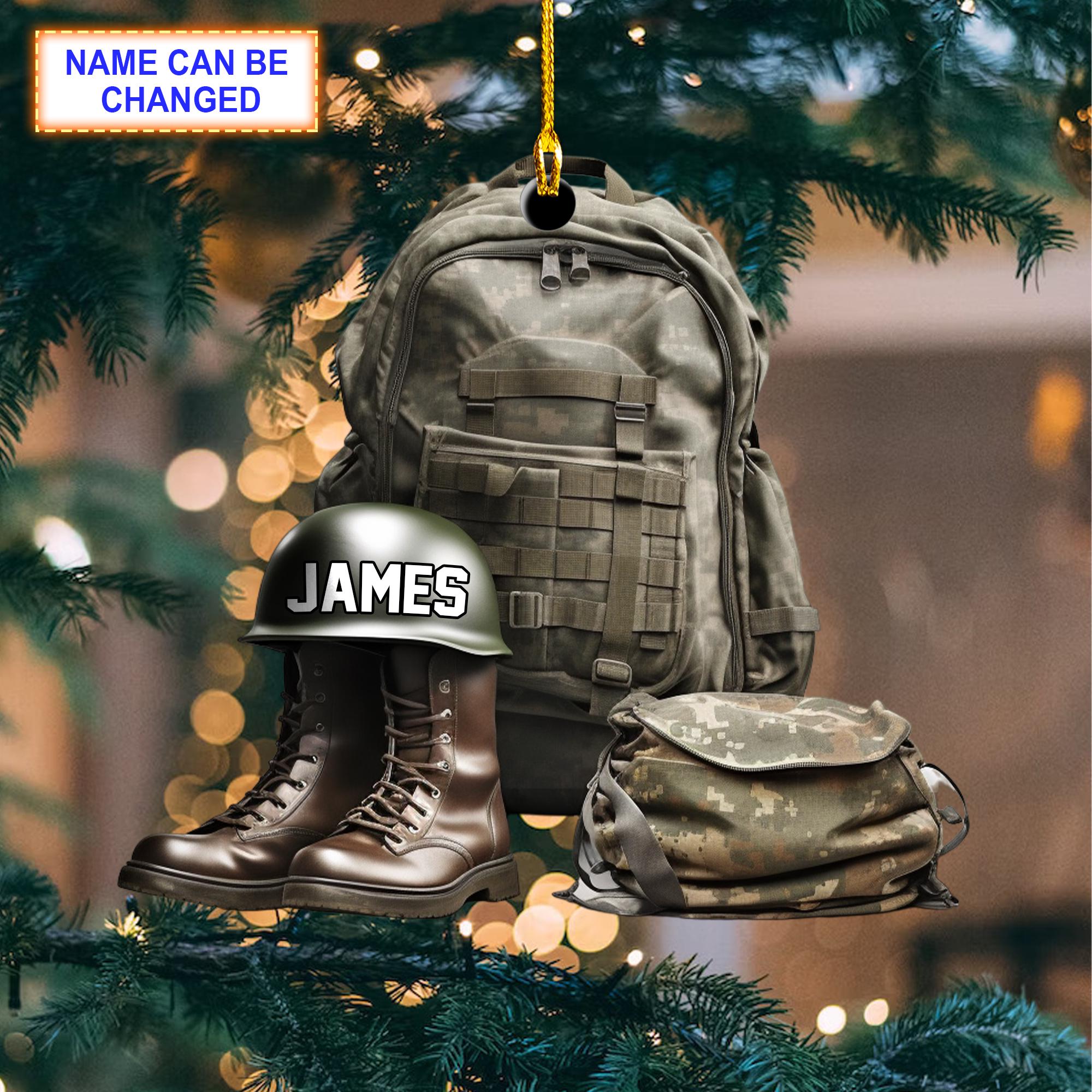 Custom Name Military Uniform Boots &amp; Helmet V3 Christmas Ornament, Christmas Tree Hanging Decor,Flat 2D Ornament Acrylic/Wooden,Veteran Gift