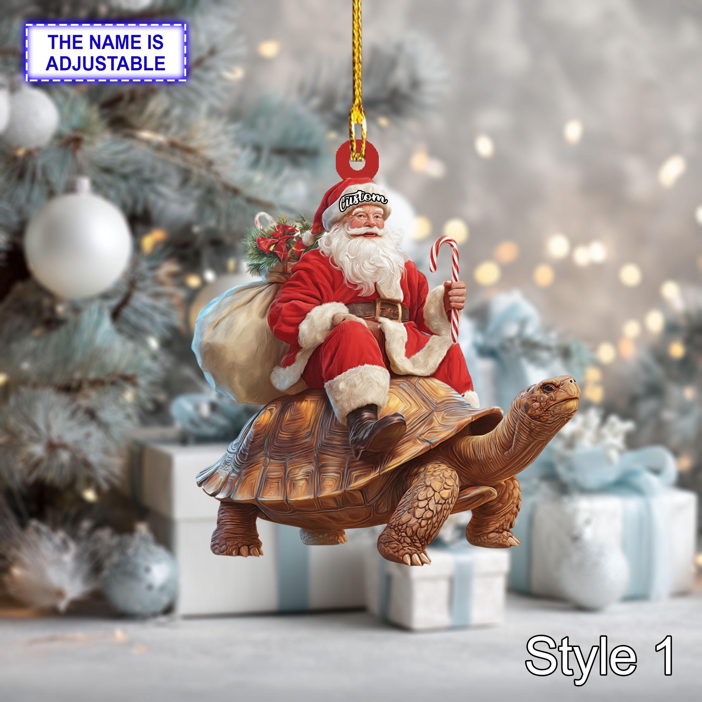 Santa riding Sea Turtle acrylic 2D flat Christmas ornament, festive tree hanging acrylic holiday decoration, unique Santa riding turtle gift