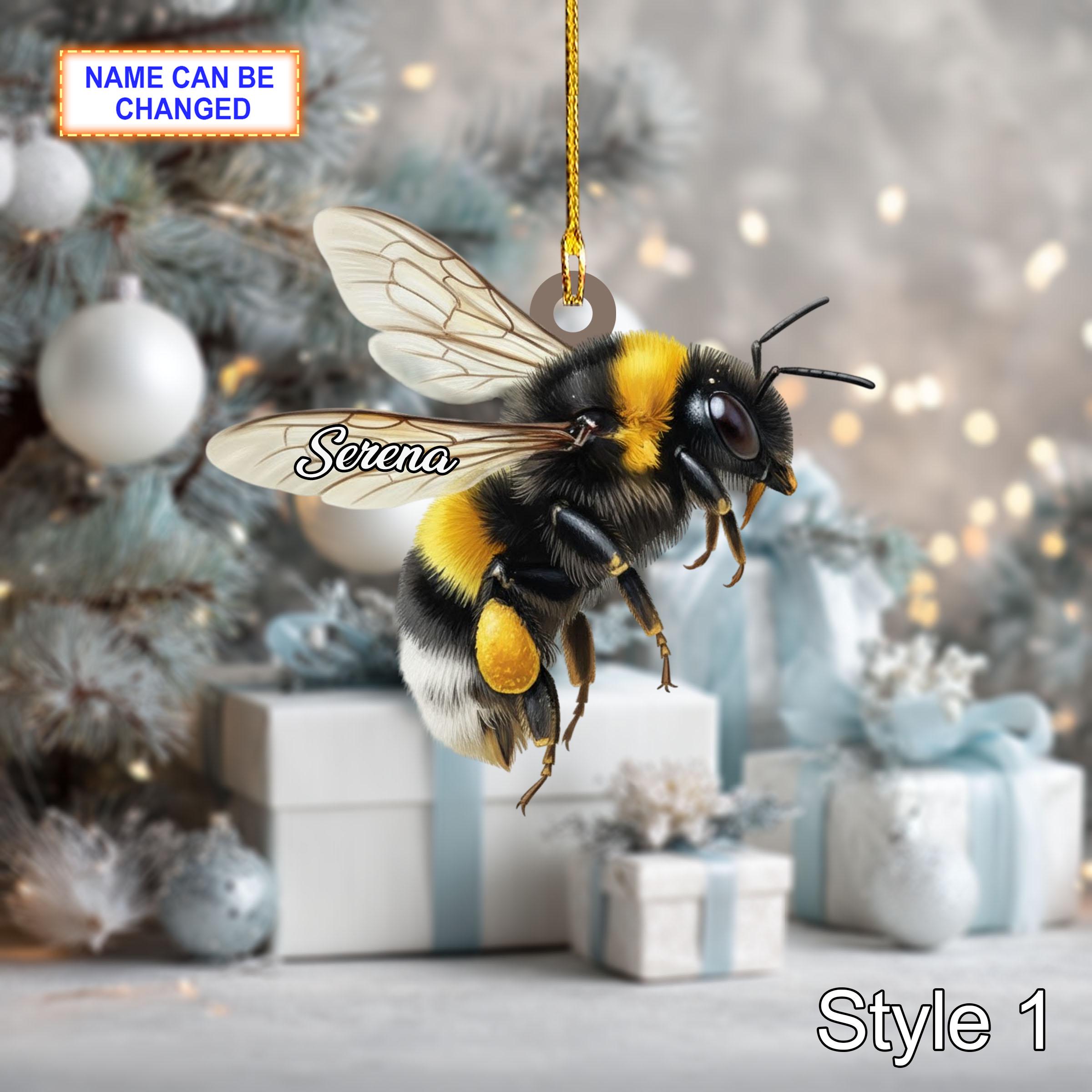 Custom Name Dry Pressing Bee Personalized Holiday Ornament, Christmas Tree Hanging Decor, 2D Flat Acrylic Christmas Ornament Holiday Gift