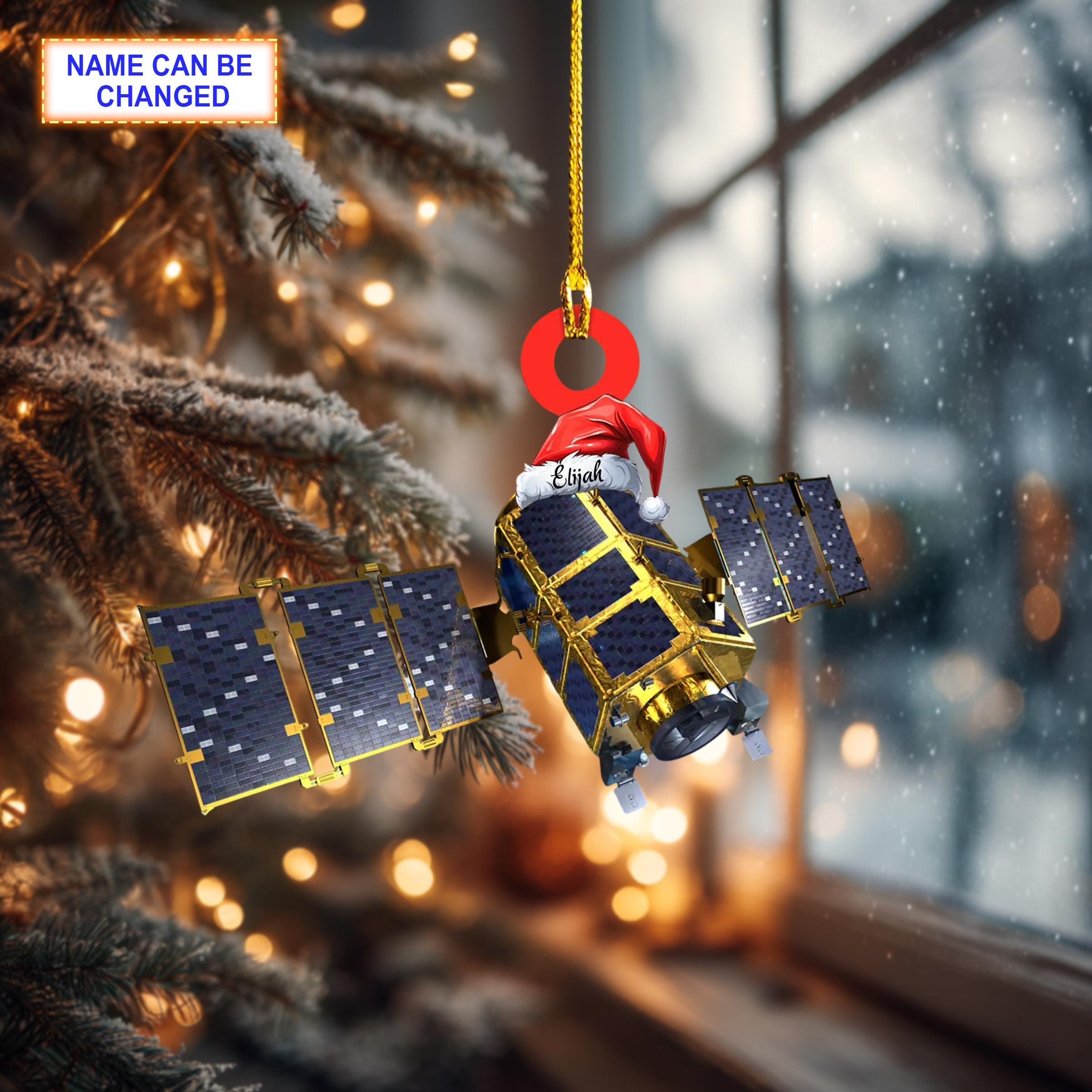 Custom Name Satellite With Santa Hat Personalized Ornament, Tree Hanging Decor, Christmas Ornament, Flat 2D Ornament Acrylic