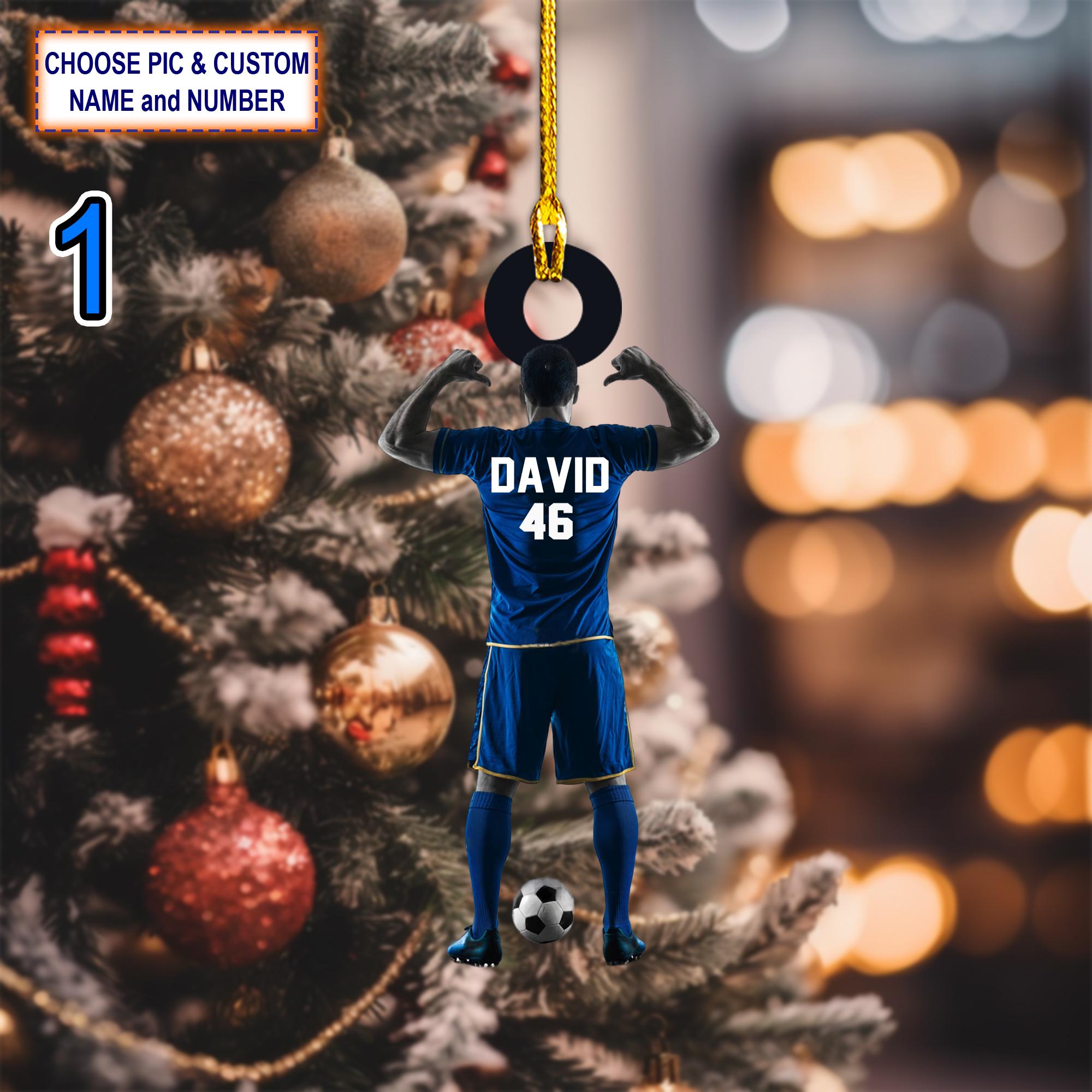 Custom Name And Number Play Soccer Christmas Ornament, Christmas Tree Hanging Decor, Flat 2D Ornament Acrylic/ Wooden, Soccer Team Gift