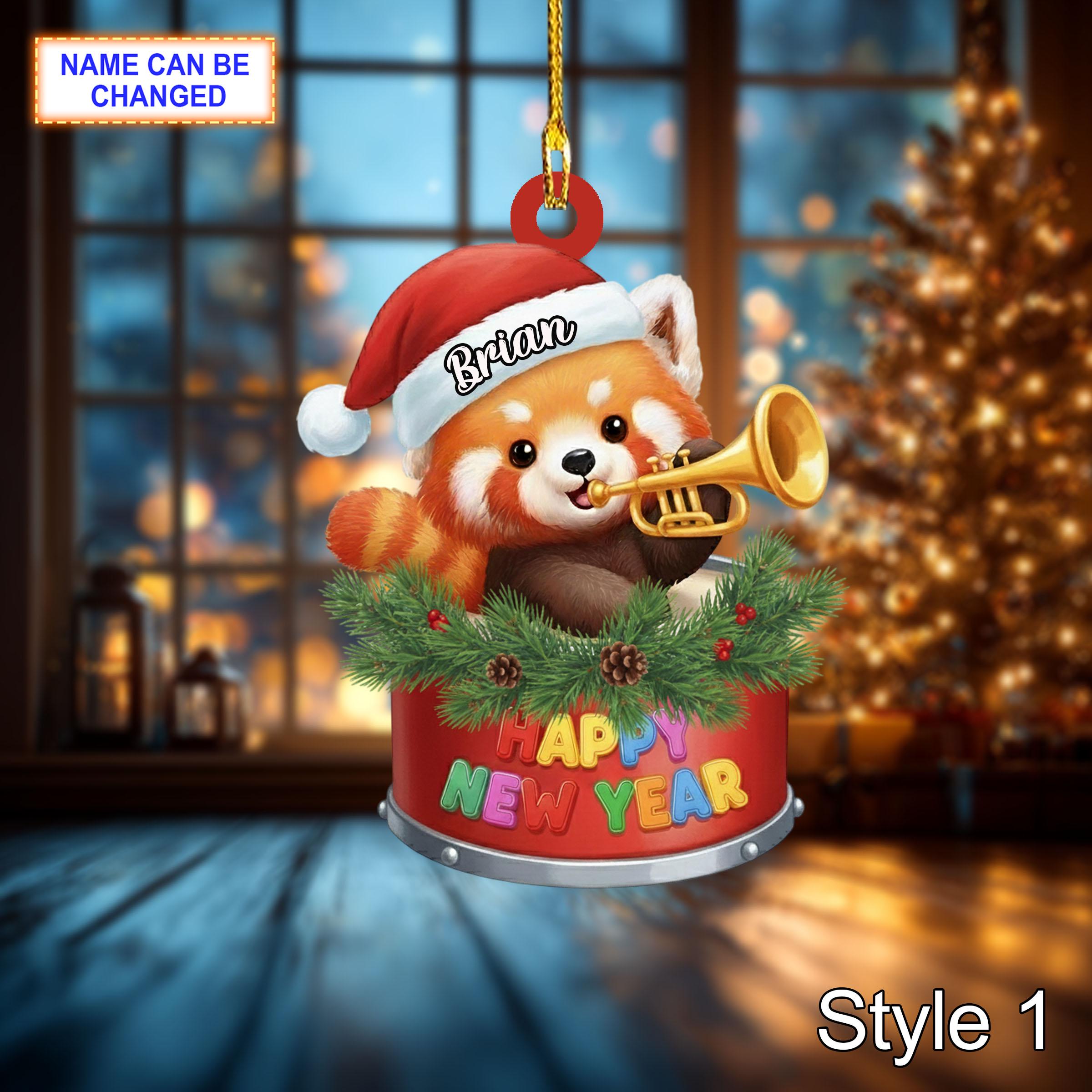 Custom Name Happy New Year Red Panda Personalized Ornament, Christmas Tree Hanging Decor, 2D Flat Acrylic Christmas Ornament Holiday Gift