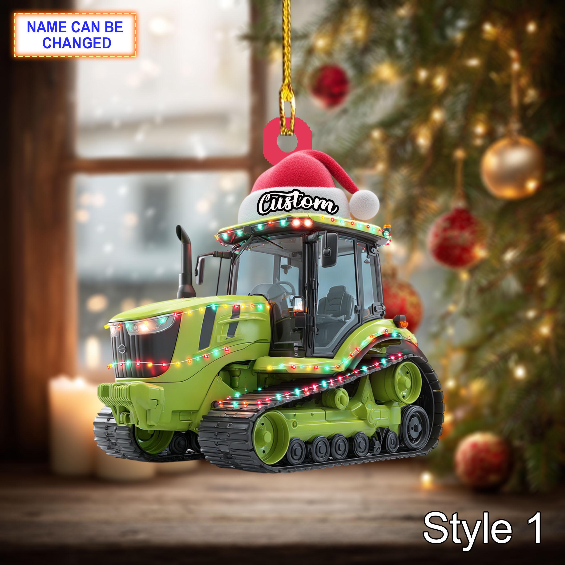 Farmer Tracked Tractor acrylic 2D flat Christmas ornament, festive tree hanging acrylic decor, rustic style, unique tracked tractor gift