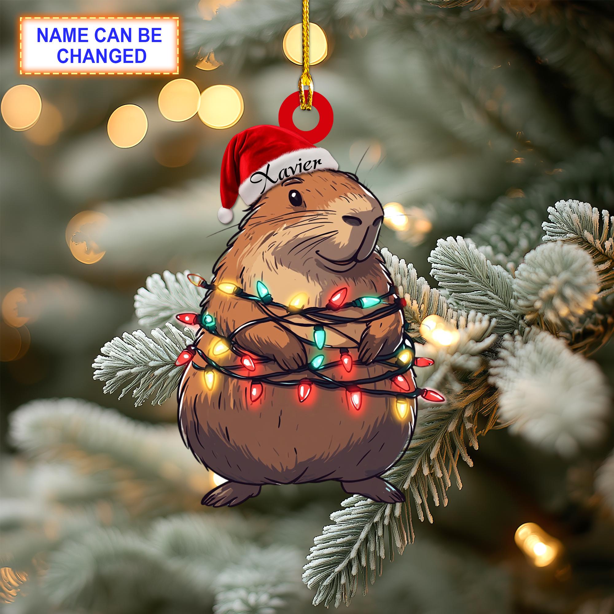 Custom Name Capybara Smile Christmas Lights Personalized Ornament, Christmas Tree Hanging Decor,Flat 2D Ornament Acrylic/ Wooden