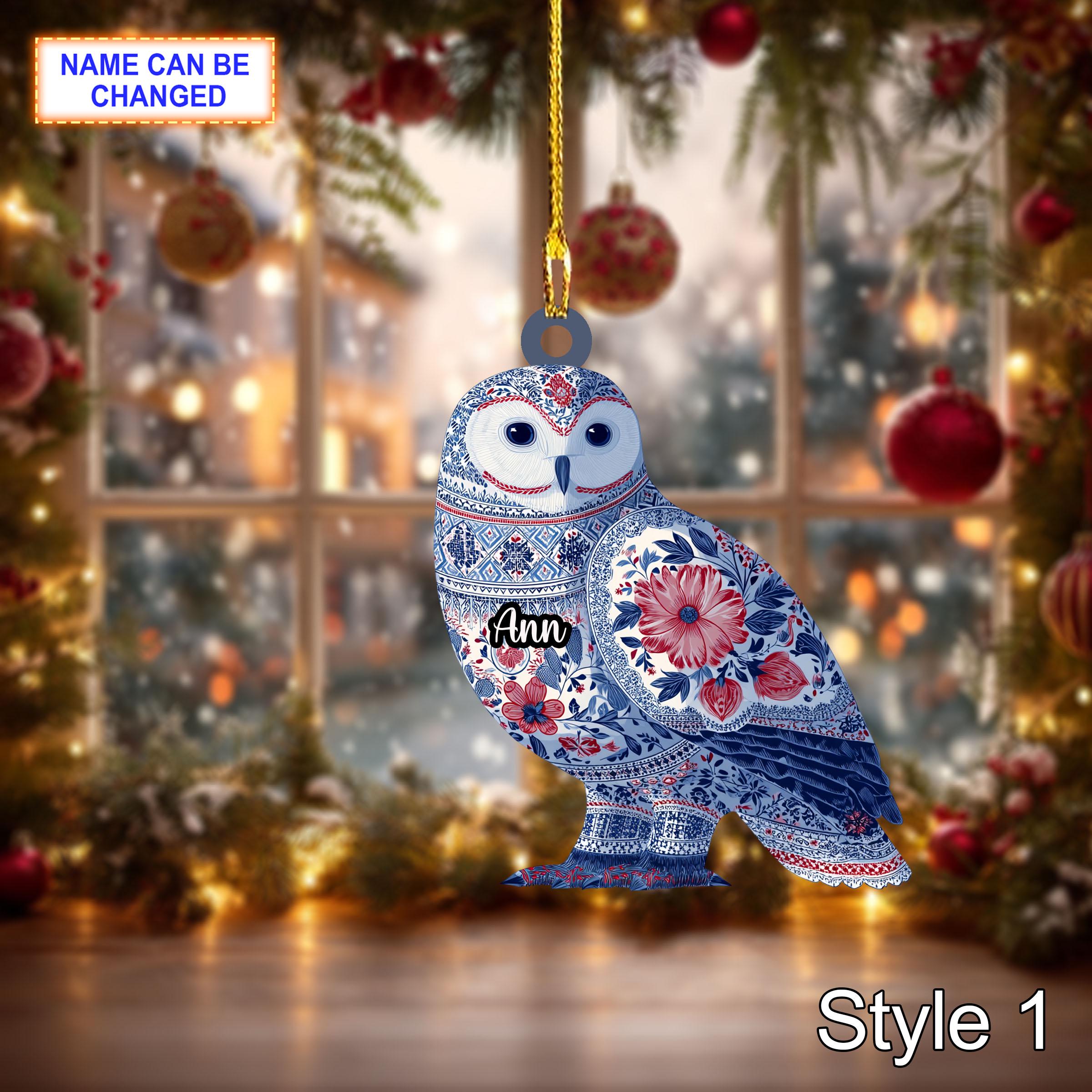 Custom Name Scandinavian Snowy Owl Personalized Ornament, Christmas Tree Hanging Decor, 2D Flat Acrylic Christmas Ornament Holiday Gift