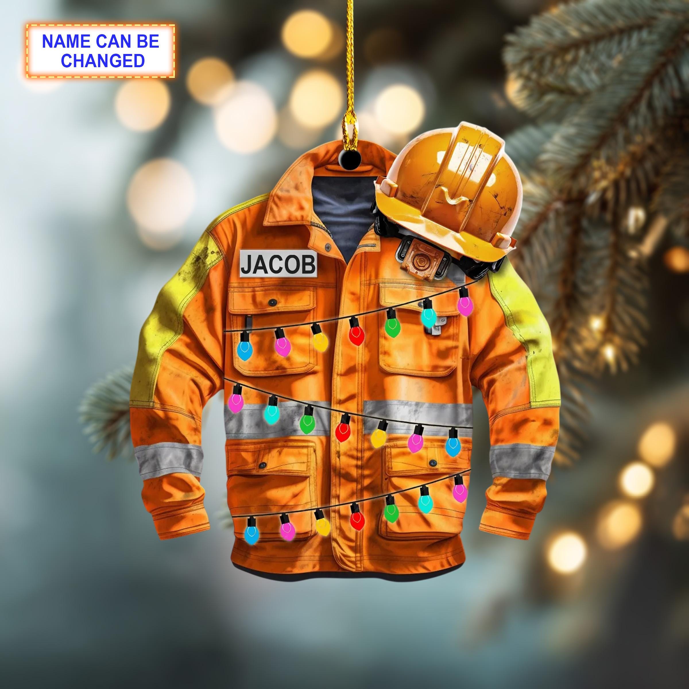 Custom Name Construction Worker Uniform Led Light Christmas Ornament, Christmas Tree Hanging Decor, Flat 2D Ornament Acrylic