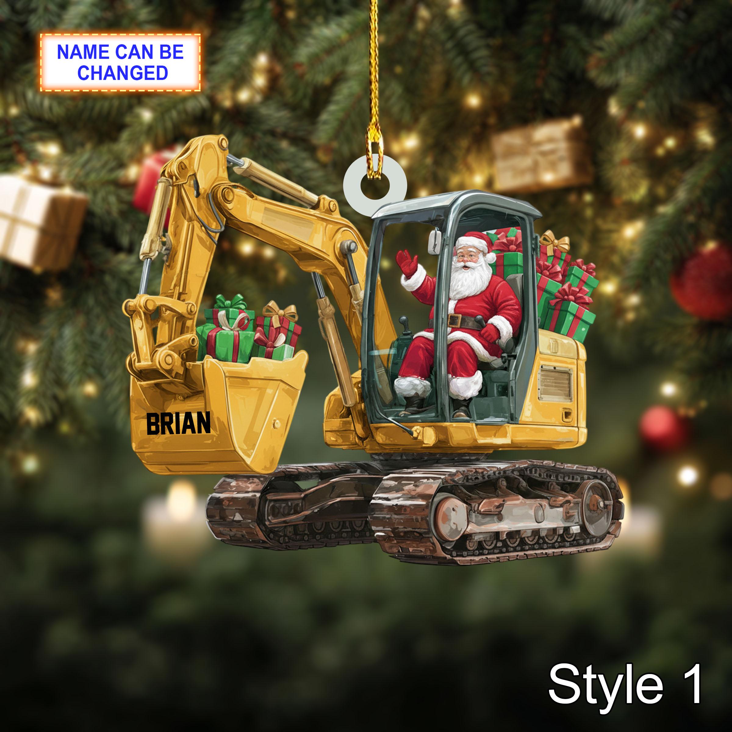Custom Name Santa Drives Excavator Personalized Ornament, Christmas Tree Hanging Decor, 2D Flat Acrylic Christmas Ornament Holiday Gift