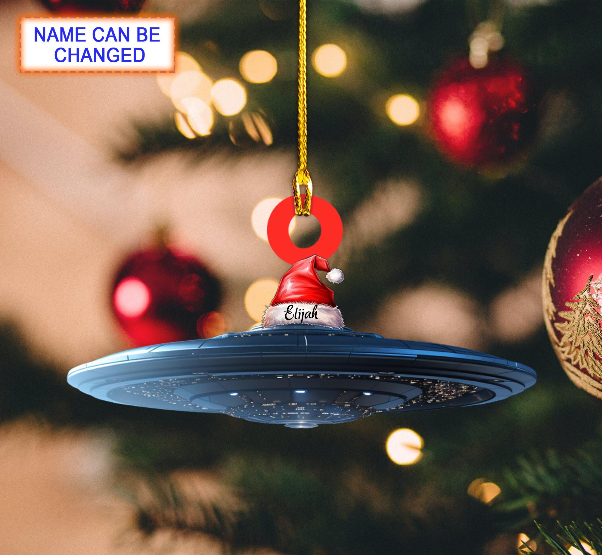 Custom Name UFO With Santa Hat Personalized Ornament, Tree Hanging Decor, Christmas Ornament, Flat 2D Ornament Acrylic / Wooden
