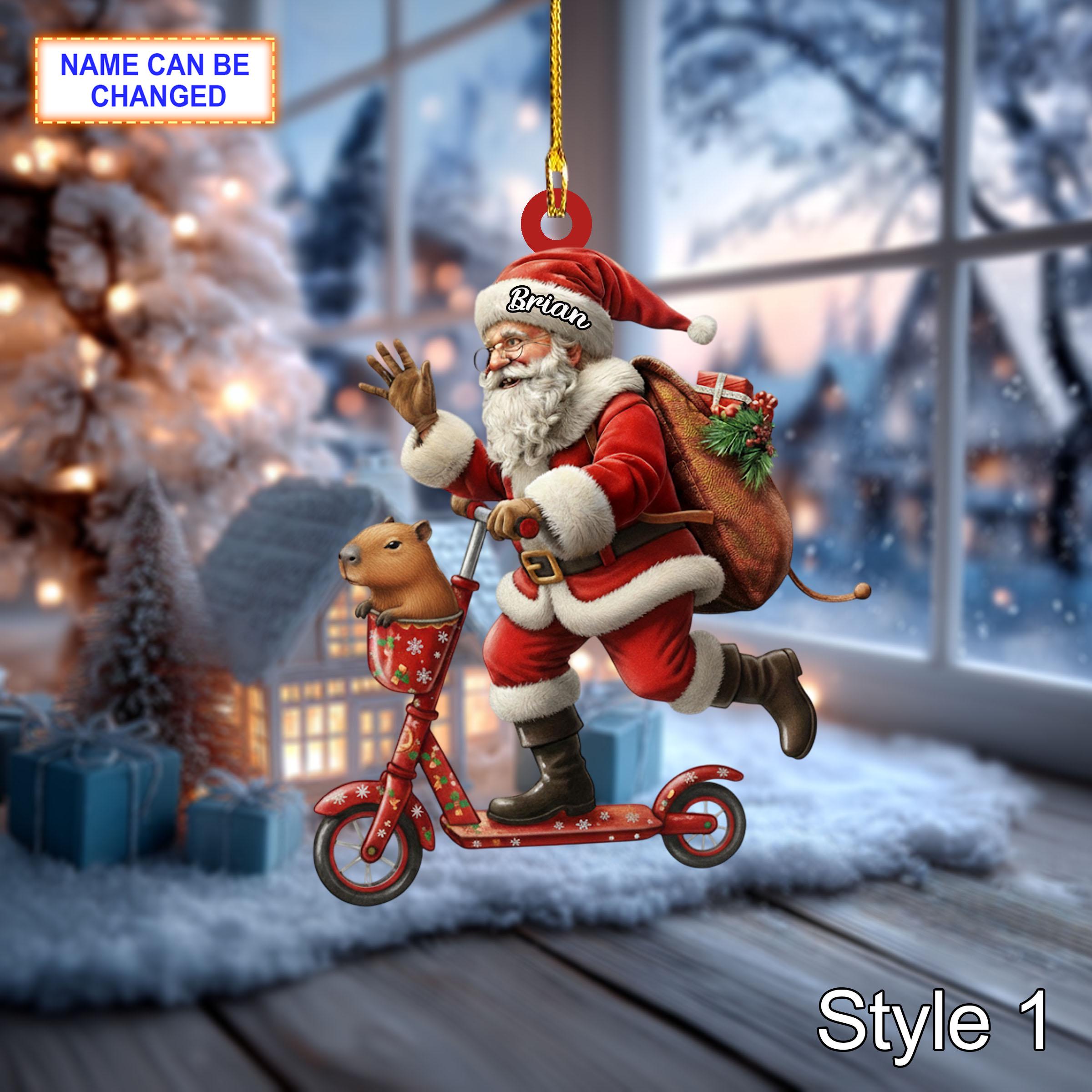 Custom Name Santa Kick Scooter Capybara Personalized Ornament, Christmas Tree Hanging Decor, 2D Flat Acrylic Christmas Ornament Holiday