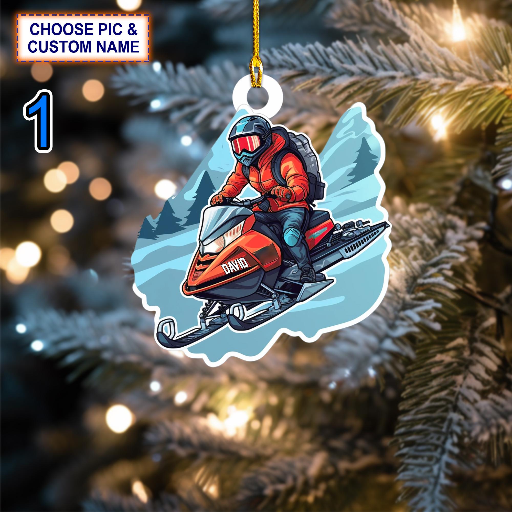 Custom Name Snowmobile Rider Christmas Ornament, Christmas Tree Hanging Decor, Flat 2D Ornament Acrylic/ Wooden