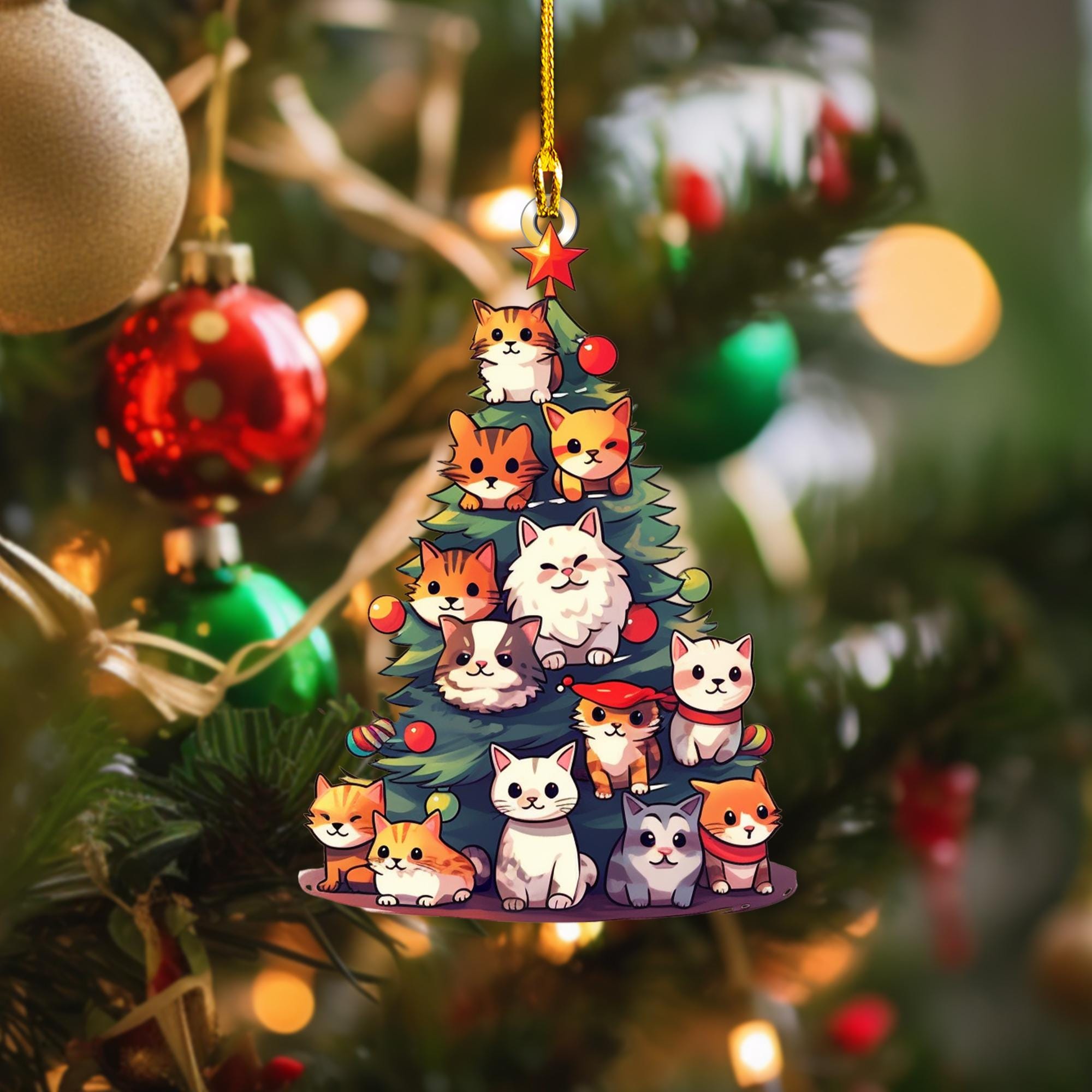 Cat Christmas Tree Ornament, Christmas Ornament, Christmas Tree Hanging Decor, Flat 2D Ornament Acrylic/ Wooden, Gift For Cat Lovers