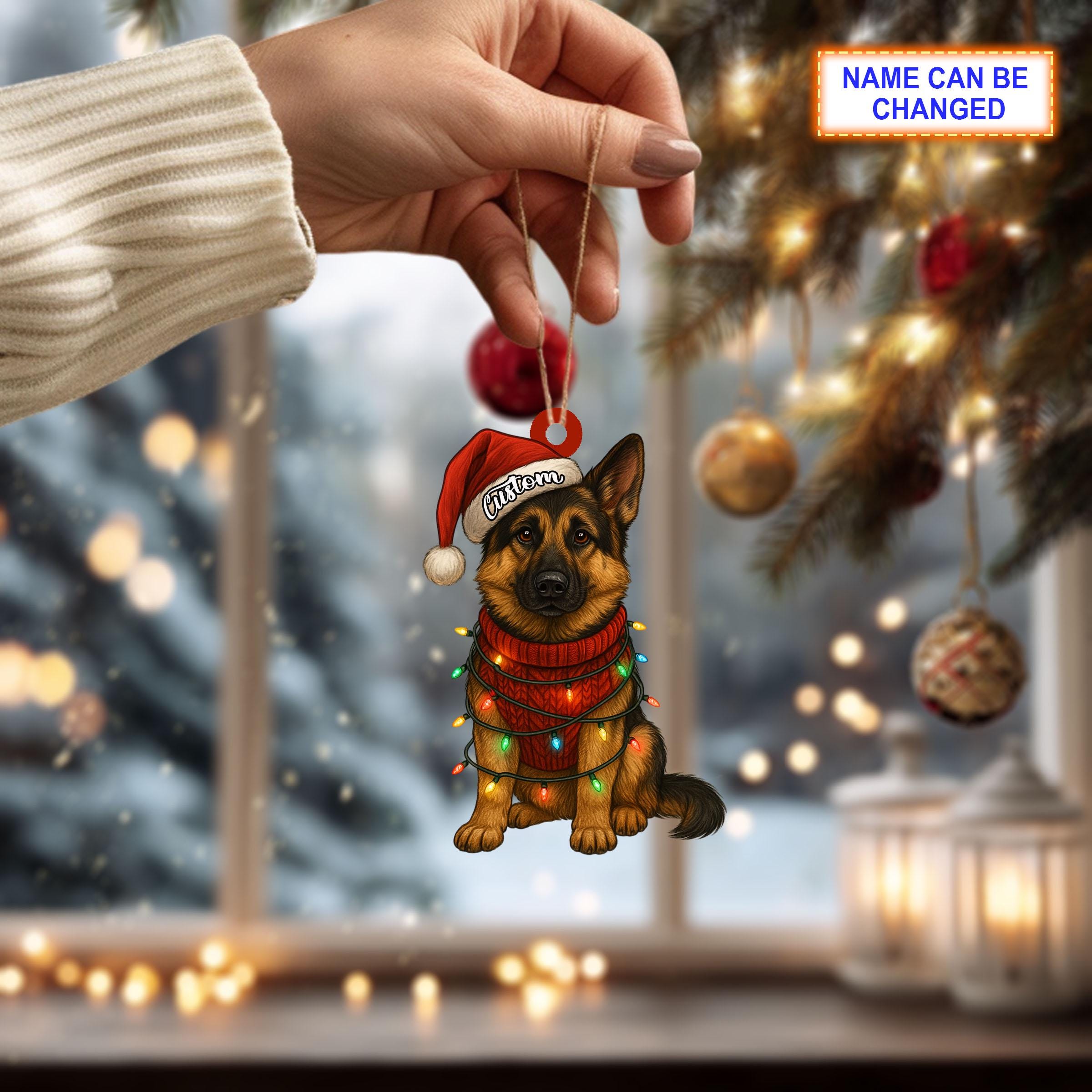 Custom Name Sitting German Shepherd Dog With Santa Hat And Christmas Lights Ornament, Festive Tree Hanging Decor, Christmas Flat 2D Ornament