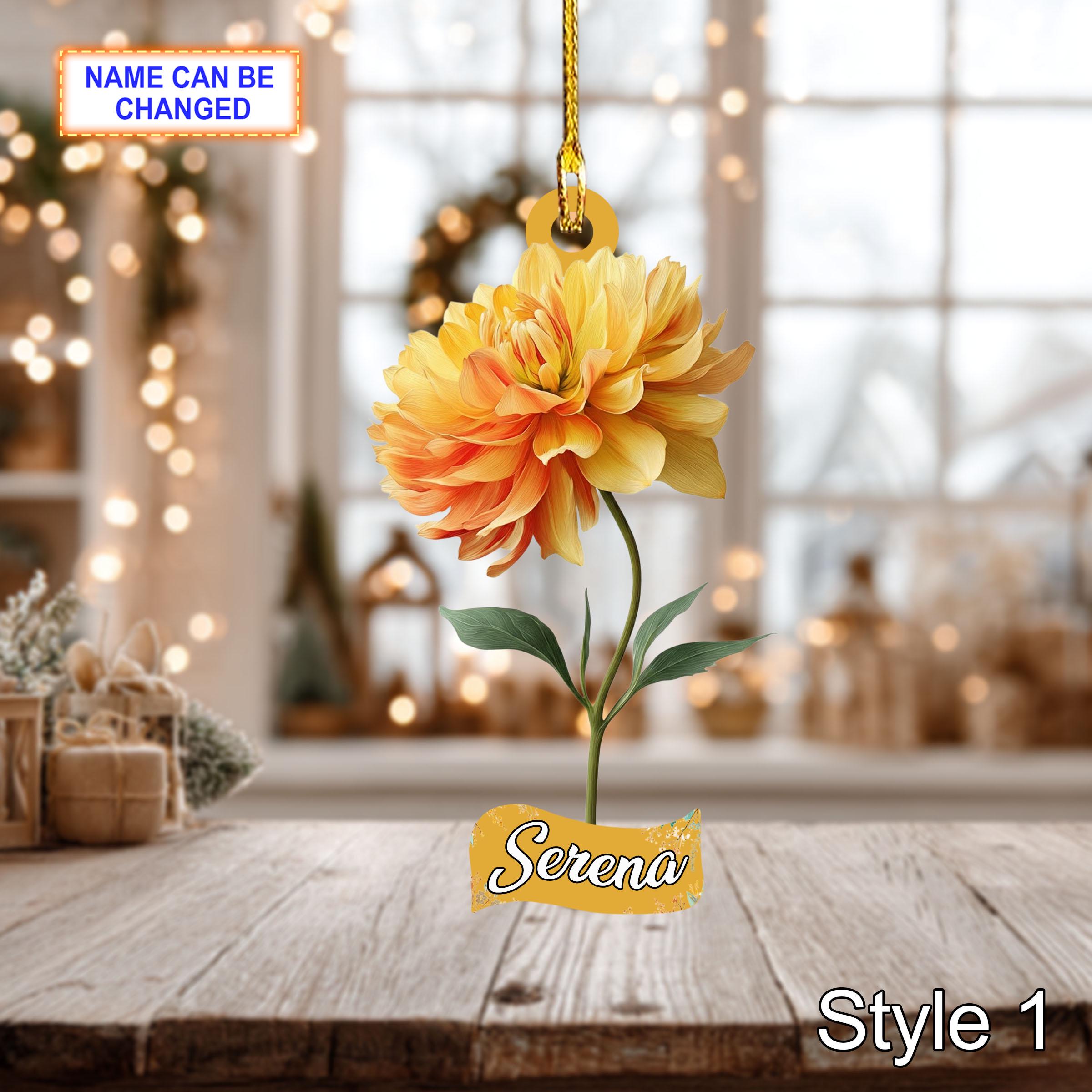 Custom Name Dry Pressing Dahlia Personalized Ornament, Christmas Tree Hanging Decoration, 2D Flat Acrylic Christmas Ornament Holiday Gift
