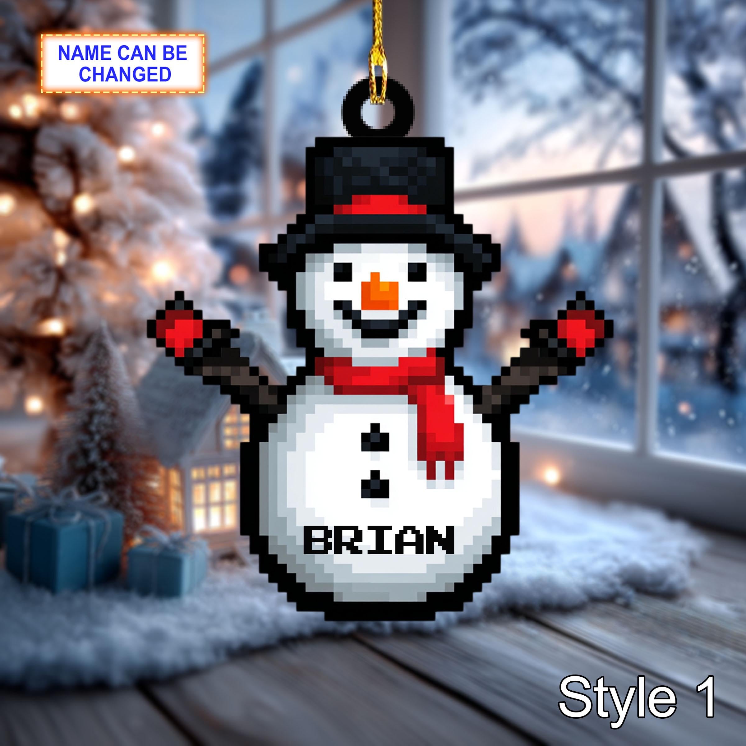 Custom Name Pixel Snowman Personalized Ornament, Christmas Tree Hanging Decor, 2D Flat Acrylic Christmas Ornament Holiday Gift Set Joyful