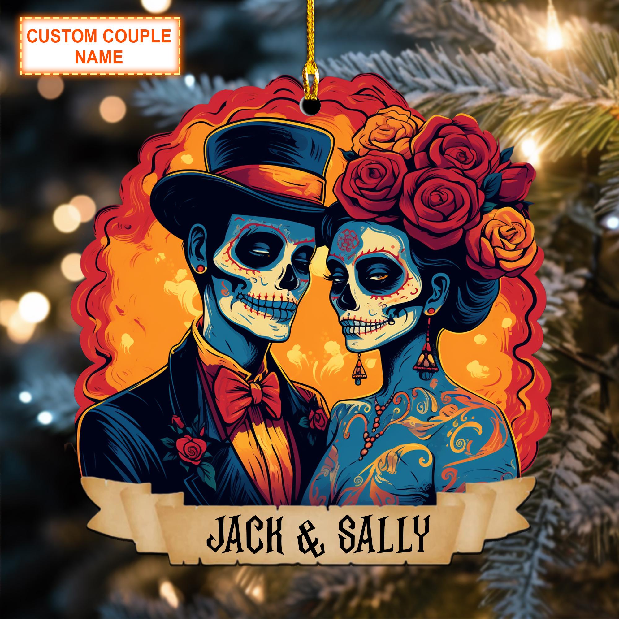 Custom Name Skull Couple Christmas Ornament, Christmas Tree Hanging Decor, Flat 2D Ornament Acrylic/ Wooden, Gift For Couple
