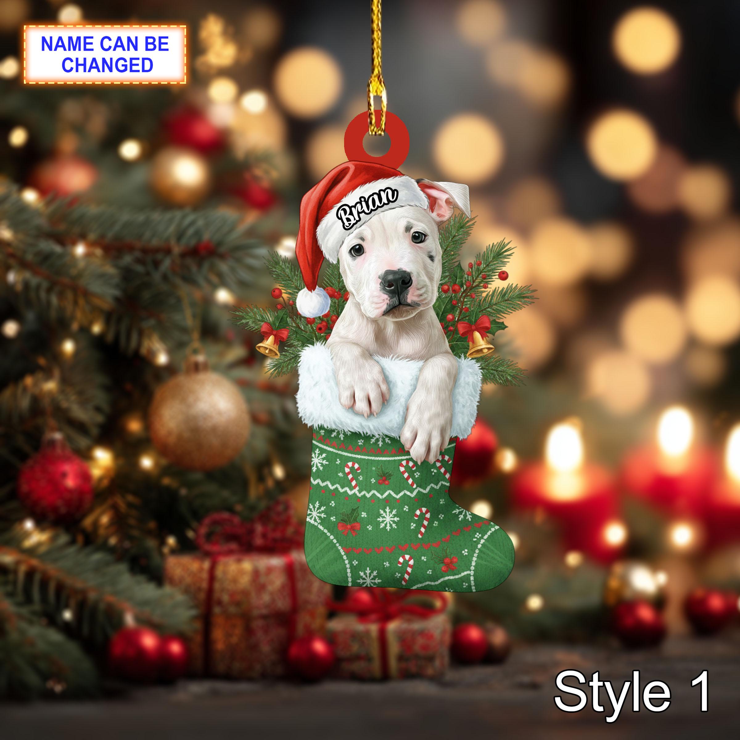 Custom Name Dog in Stocking Dogo Argentino Personalized Ornament, Christmas Hanging Decor, 2D Flat Acrylic Christmas Ornament Holiday Gift