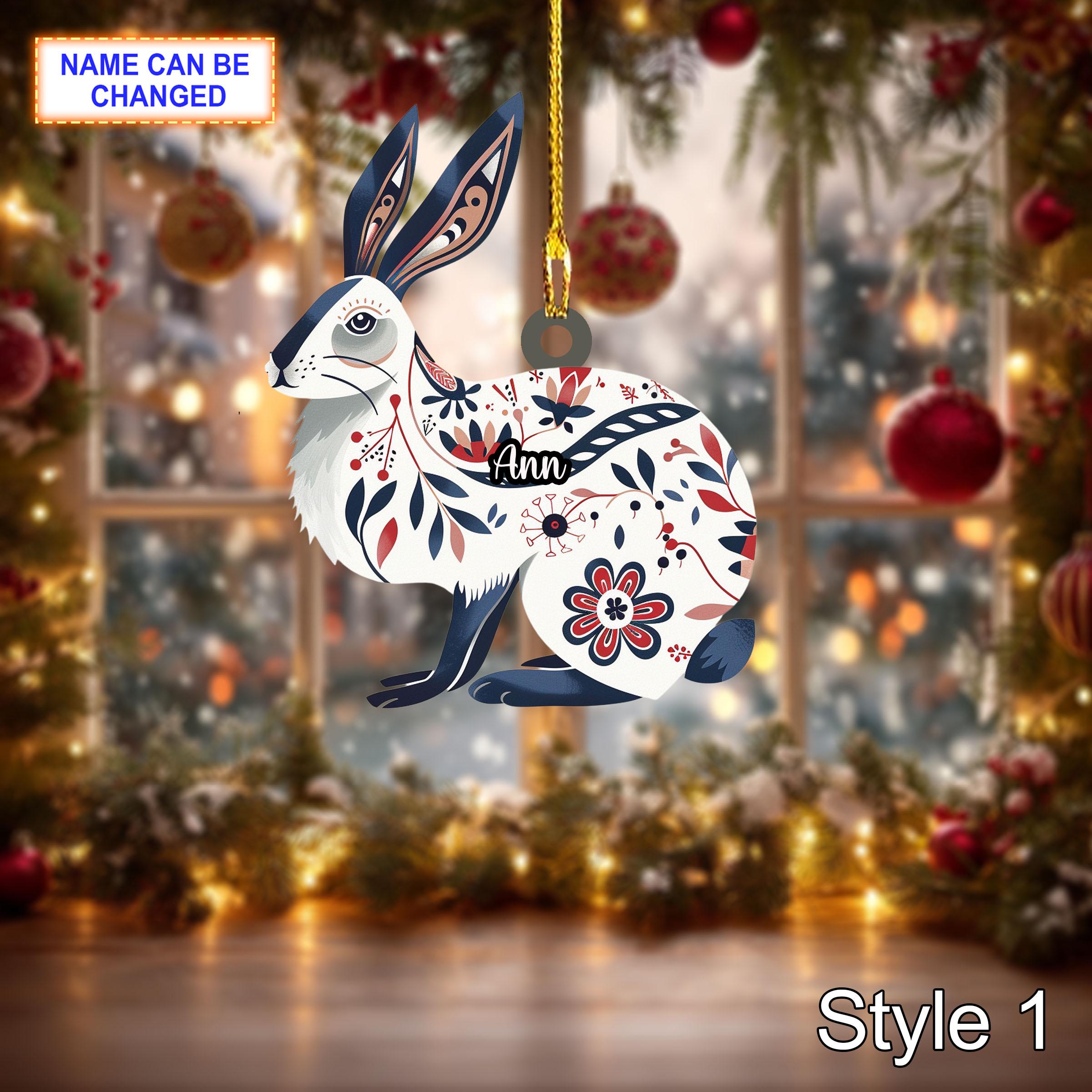 Custom Name Scandinavian Arctic Hare Personalized Ornament, Christmas Tree Hanging Decor, 2D Flat Acrylic Christmas Ornament Holiday Gift