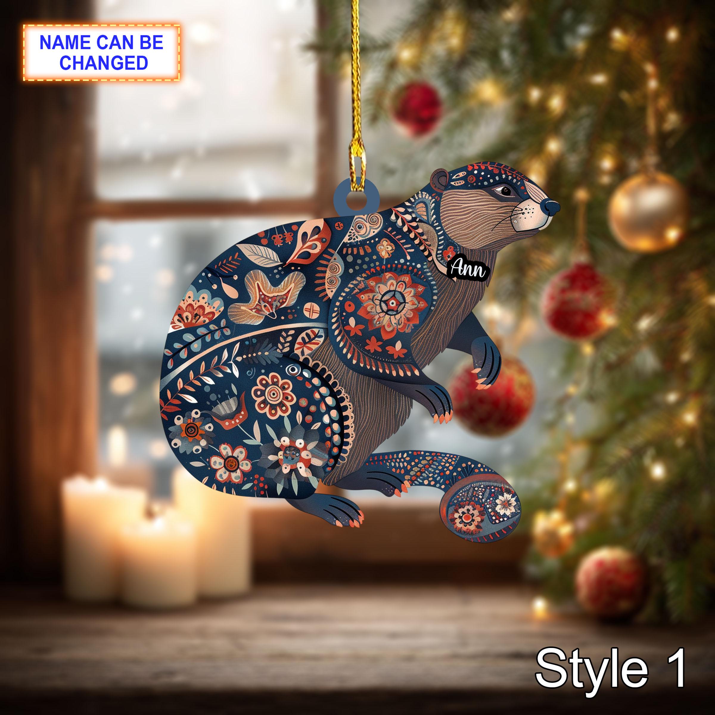 Custom Name Scandinavian Style Beaver Personalized Ornament, Christmas Tree Hanging Decor, 2D Flat Acrylic Christmas Ornament Holiday Gift