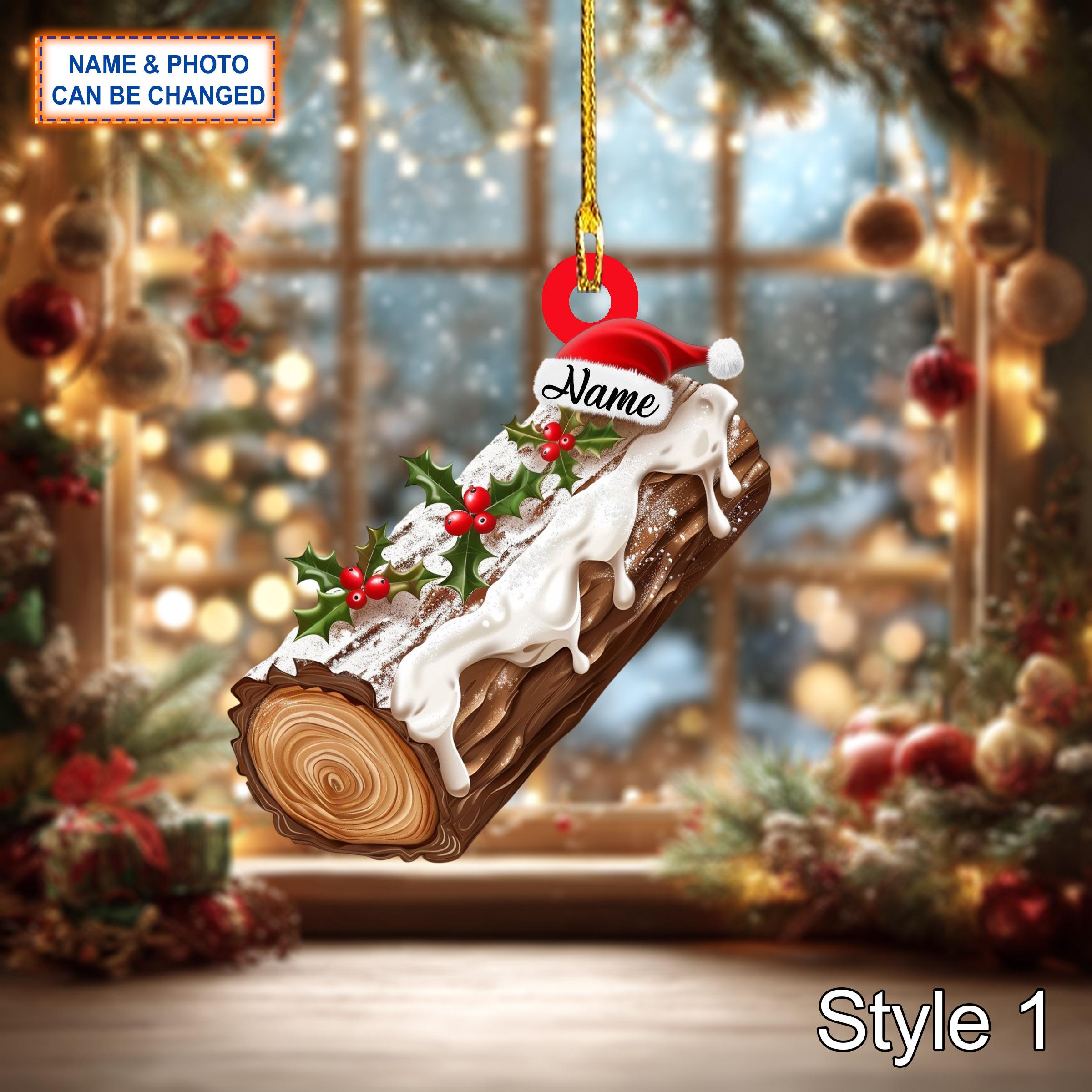 Custom Name Cake Yule Log Dessert Personalized Ornament, Christmas Tree Hanging Decor, 2D Flat Acrylic Christmas Ornament Holiday Gift