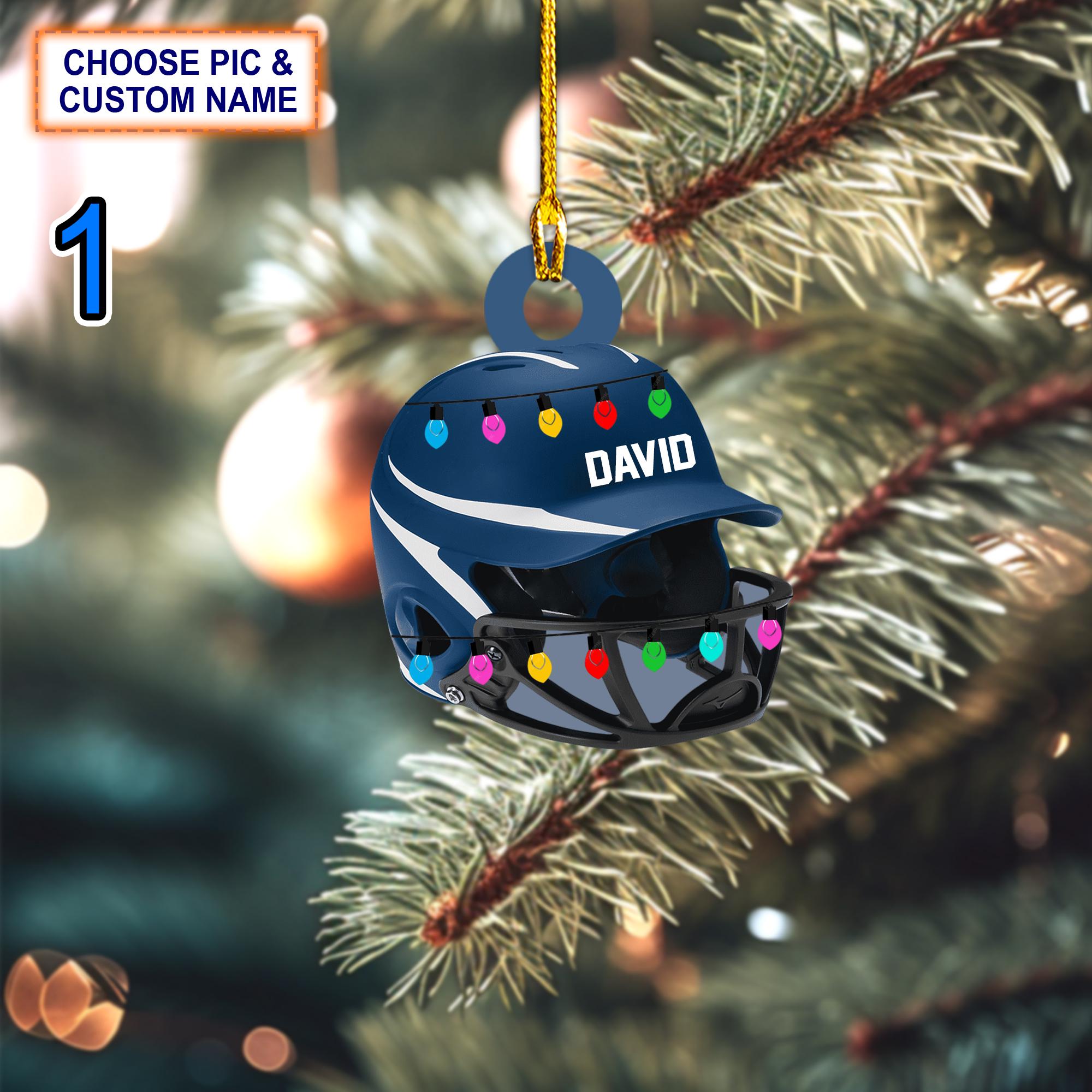 Custom Name Softball Helmet Christmas Ornament, Christmas Tree Hanging Decor, Flat 2D Ornament Acrylic/ Wooden, Gift For Softball Player