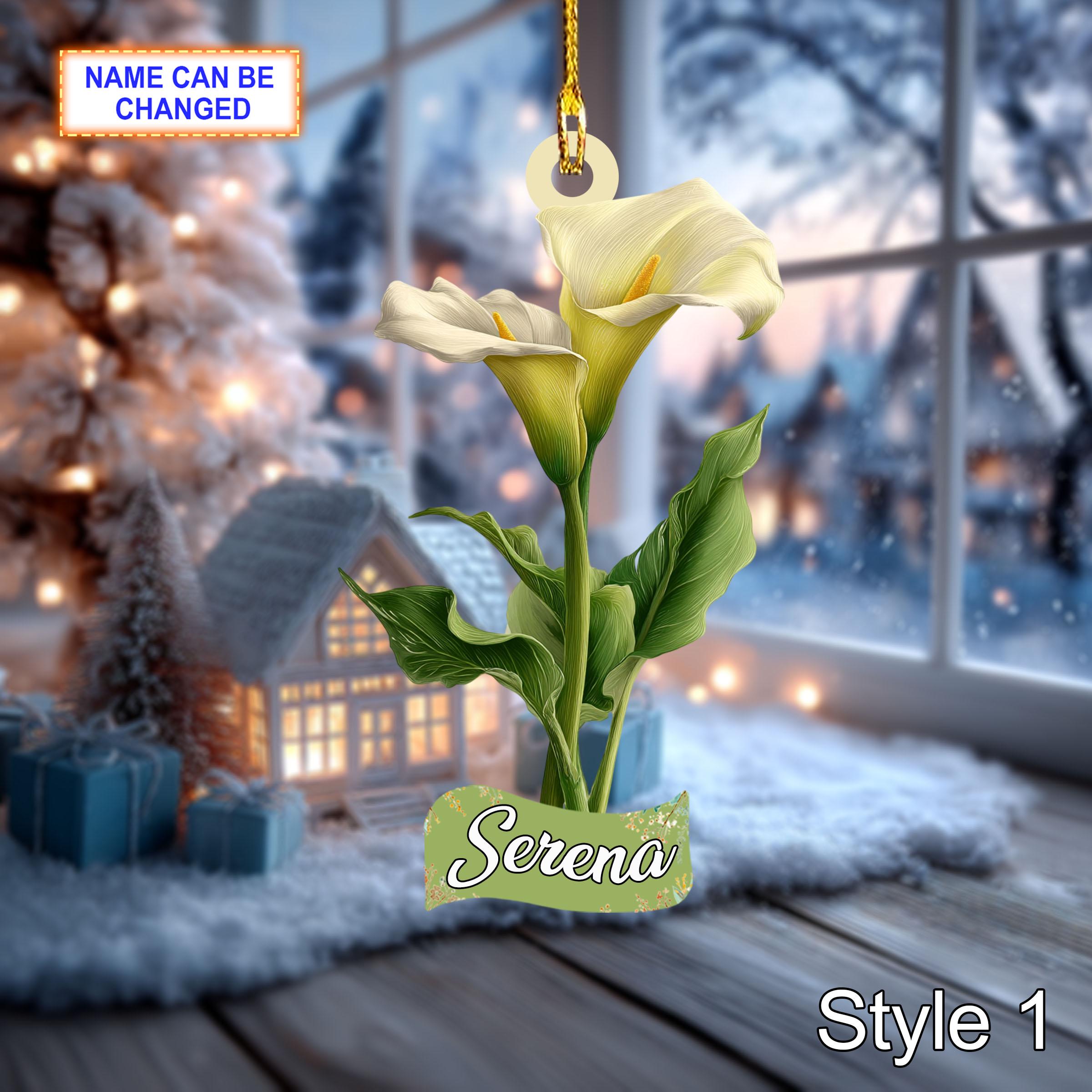 Custom Name Dry Pressing Calla Lily Personalized Ornament, Christmas Tree Hanging Decor, 2D Flat Acrylic Christmas Ornament Holiday Gift