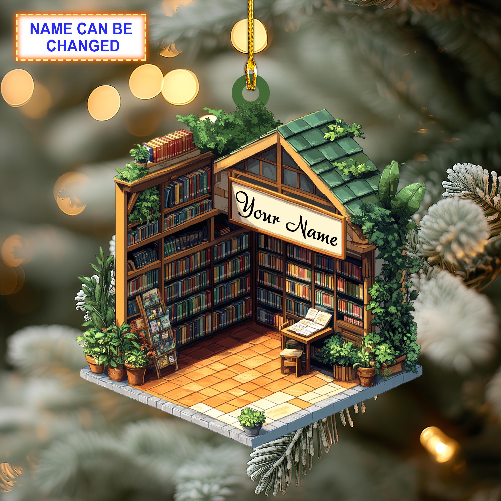 Custom Name Book Store Christmas Personalized Ornament, Christmas Tree Hanging Decor, Flat 2D Ornament Acrylic/ Wooden