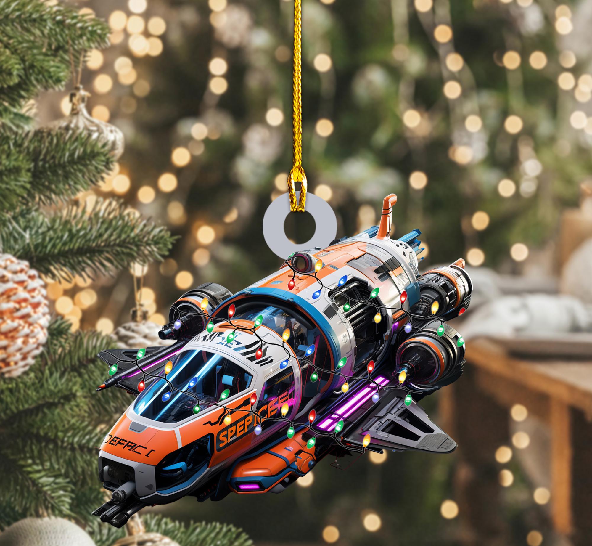Spaceship With Led Light Personalized Ornament, Tree Hanging Decor, Christmas Ornament, Flat 2D Ornament Acrylic / Wooden
