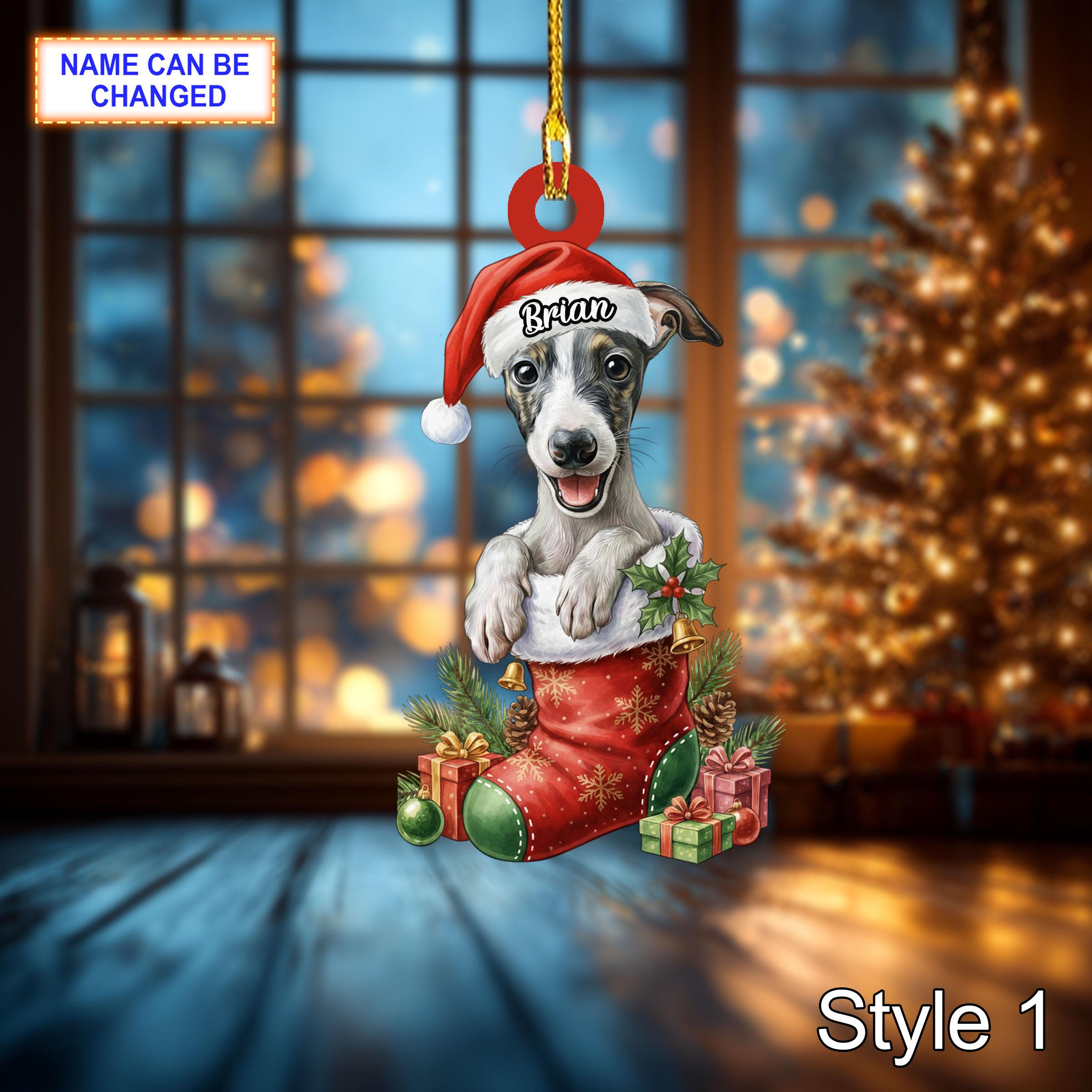 Custom Name Dog in Stocking Whippet Personalized Ornament, Christmas Tree Hanging Decor, 2D Flat Acrylic Christmas Ornament Holiday Gift