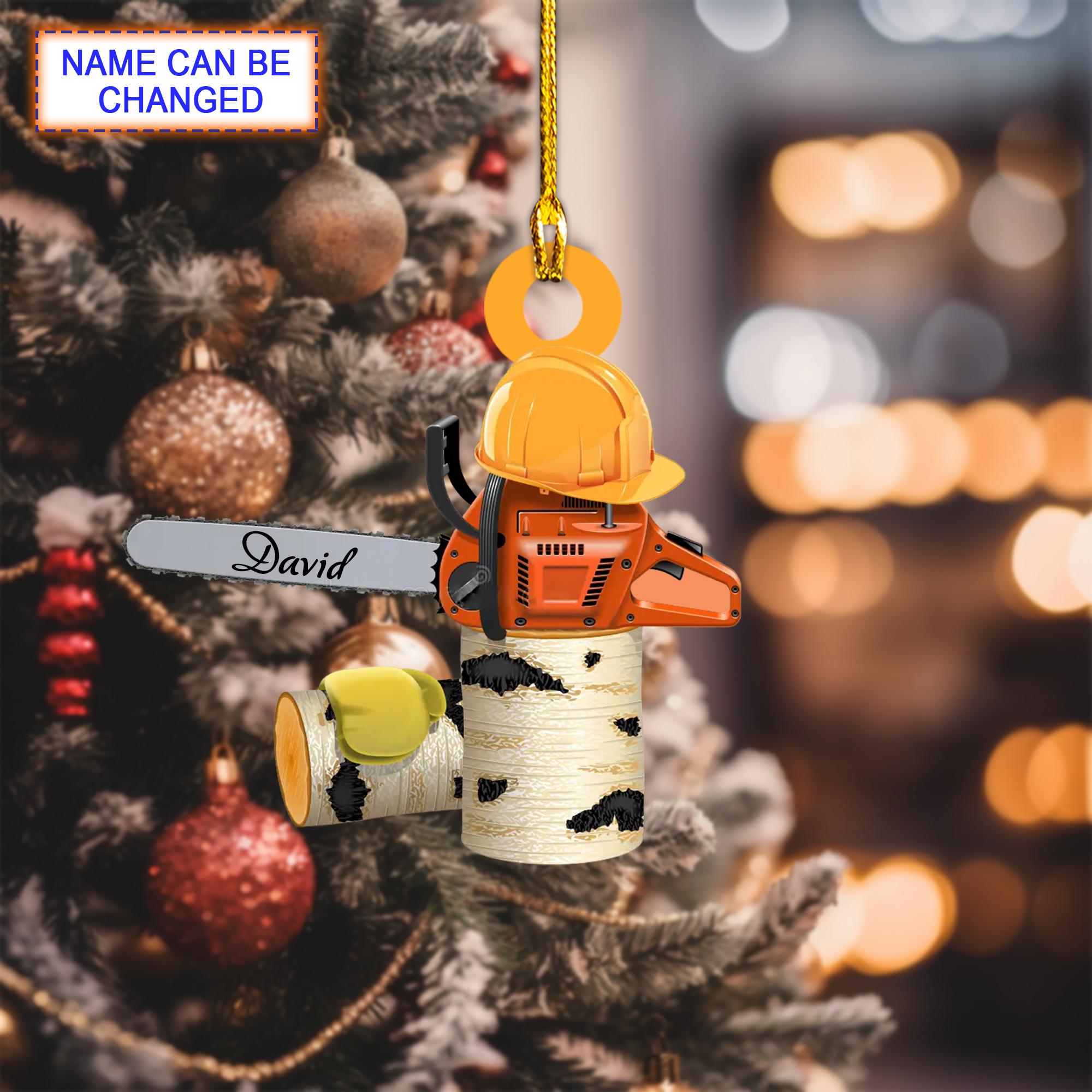 Custom Name Chainsaw and Helmet Christmas Ornament, Christmas Tree Hanging Decor, Flat 2D Ornament Acrylic/ Wooden, Arborist Ornament