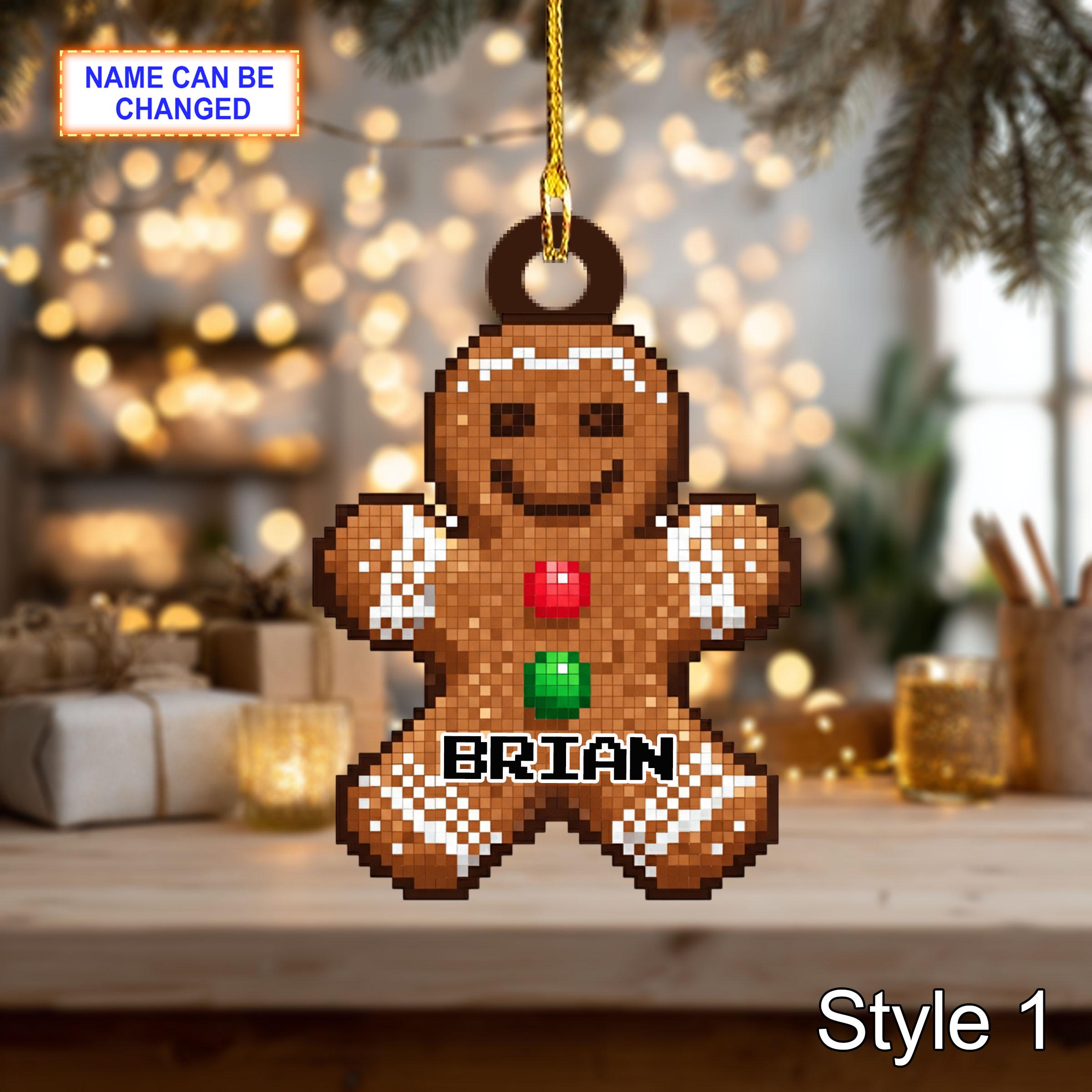 Custom Name Pixel Gingerbread Man Personalized Ornament, Christmas Tree Hanging Decor, 2D Flat Acrylic Christmas Ornament Holiday Gift Set
