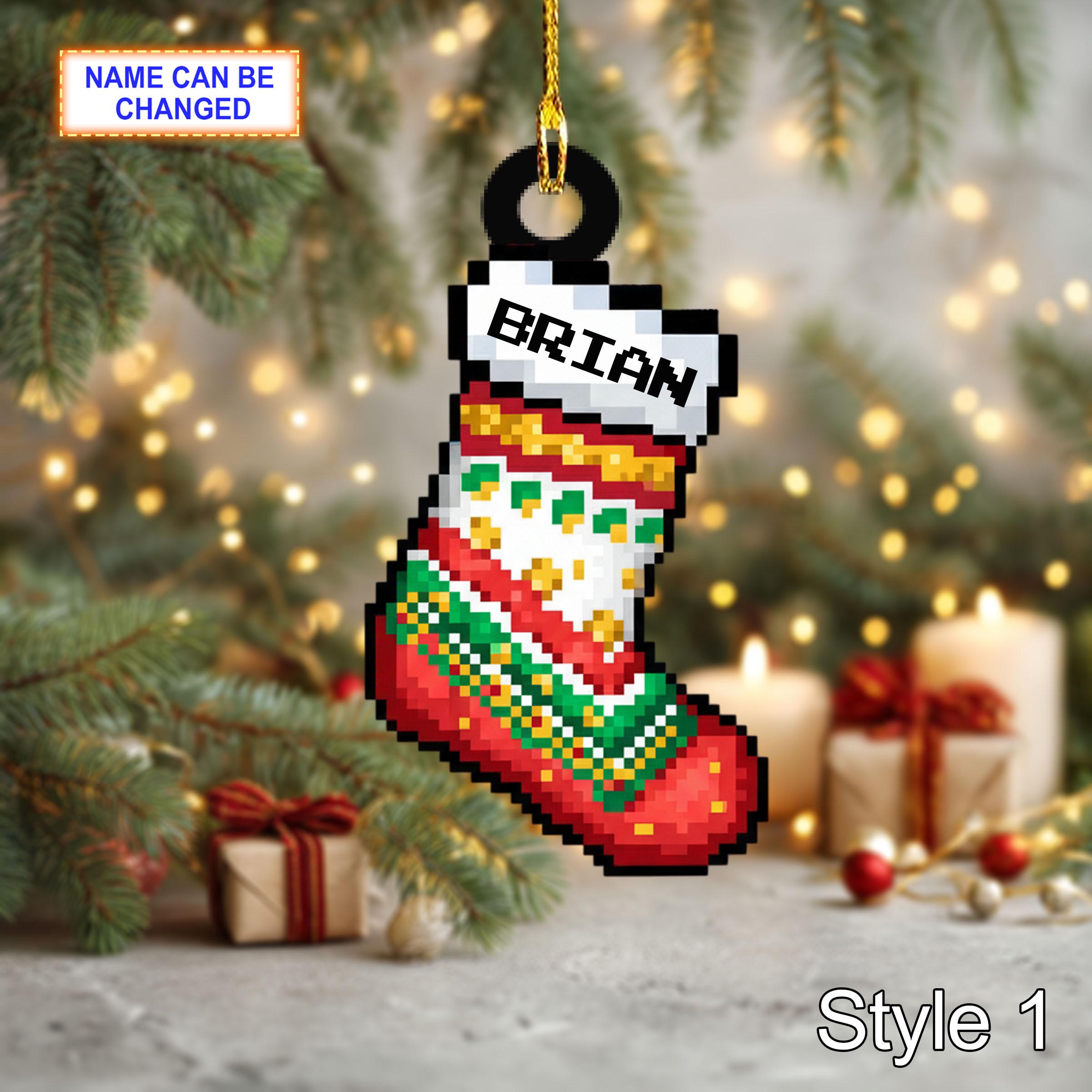 Custom Name Pixel Stocking Personalized Ornament, Christmas Tree Hanging Decor, 2D Flat Acrylic Christmas Ornament Holiday Gift Set Joy