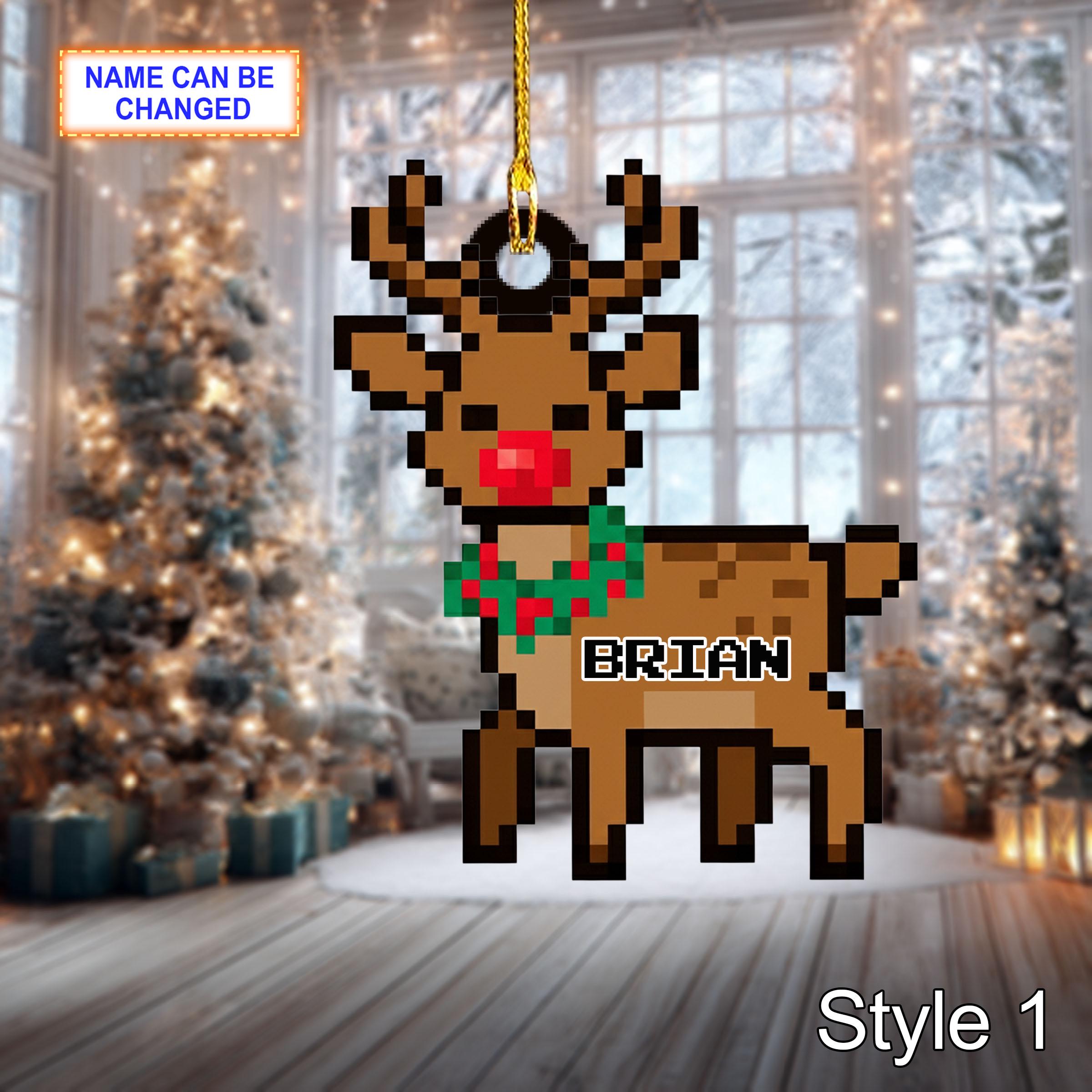 Custom Name Pixel Reindeer Personalized Ornament, Christmas Tree Hanging Decor, 2D Flat Acrylic Christmas Ornament Holiday Gift Set Magic