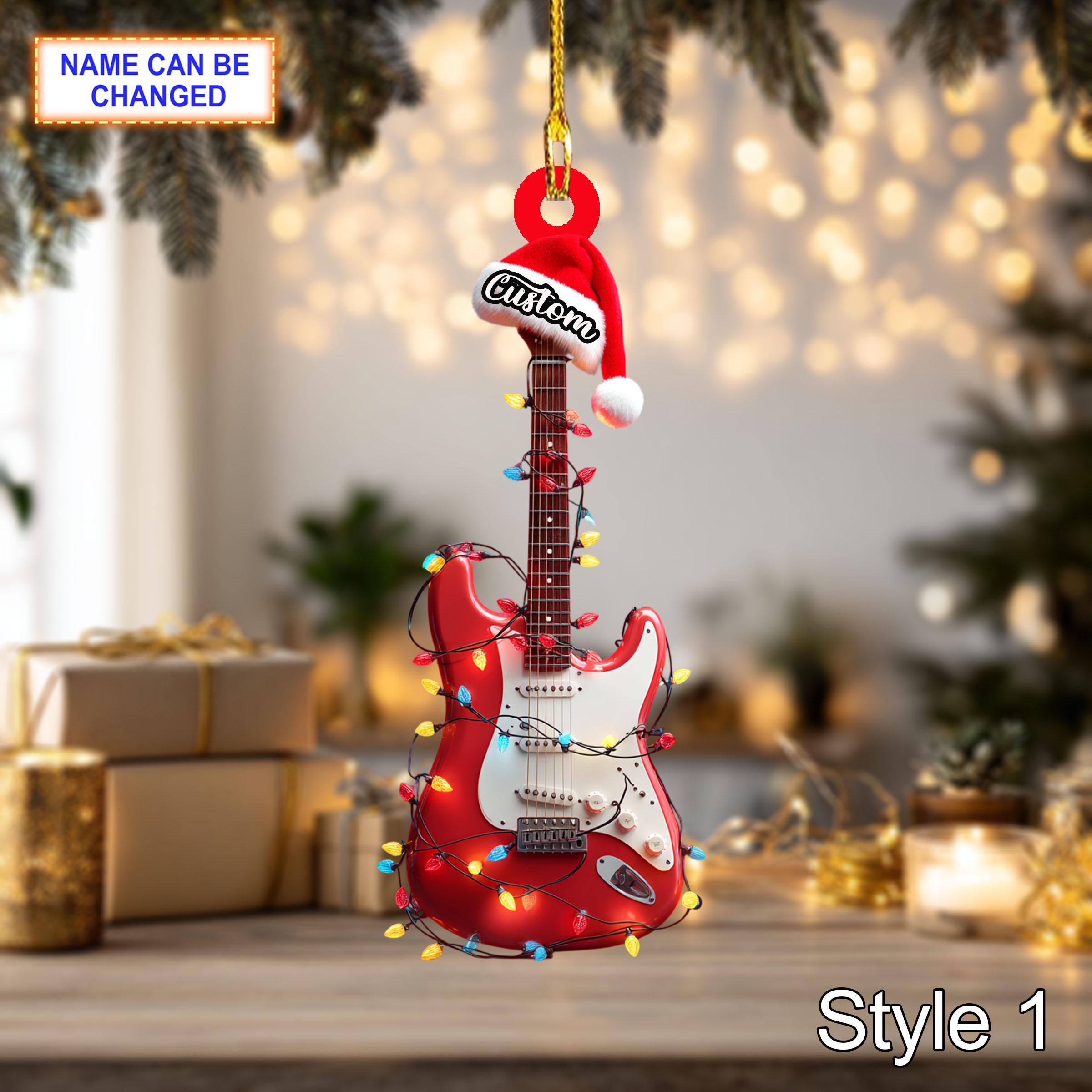 Musical Electric Guitar acrylic 2D flat Christmas ornament, festive tree hanging acrylic holiday decoration, unique guitar musical Xmas gift