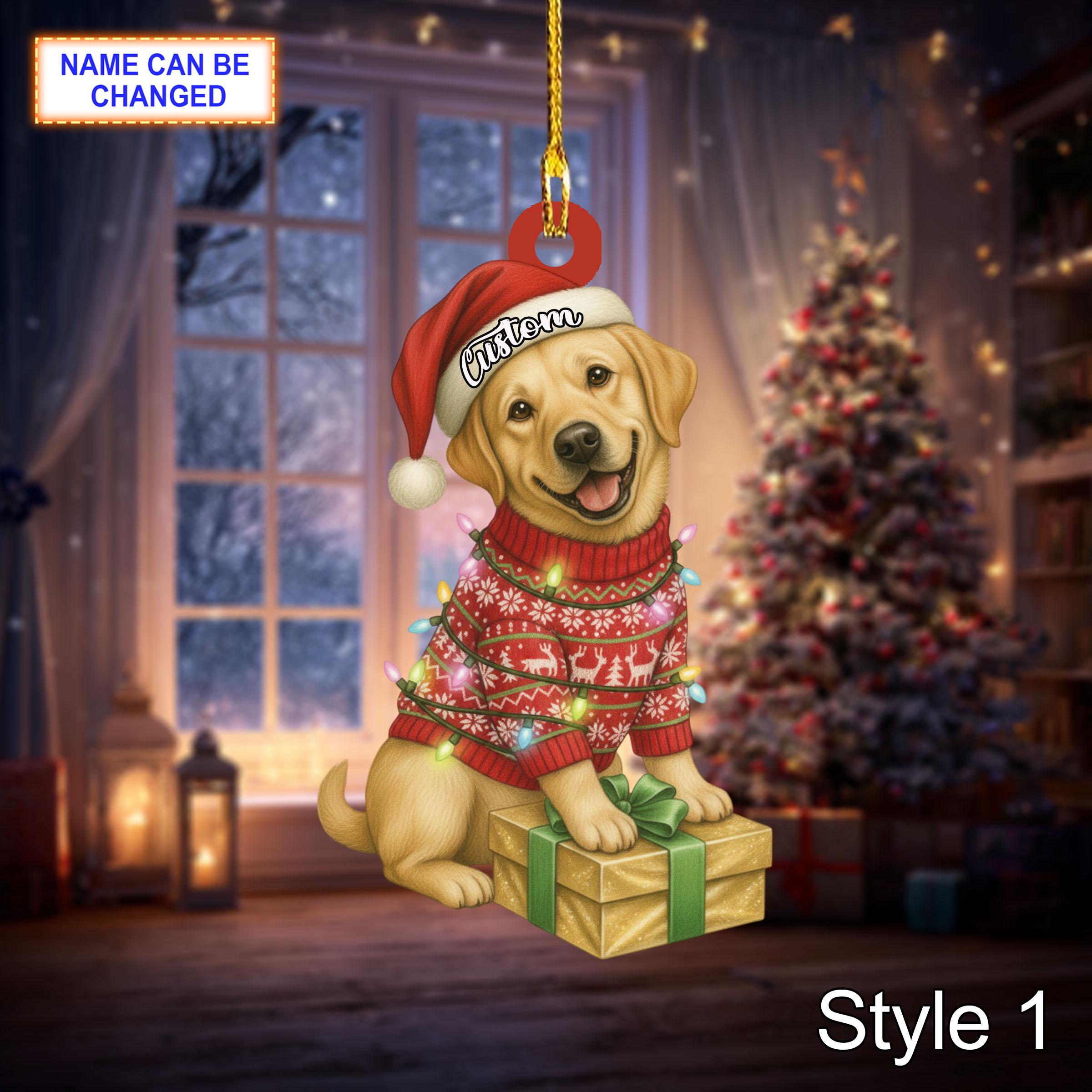 Custom Name Sitting Golden Retriever Dog with Santa Hat and Christmas Light Ornament, Festive Tree Hanging Decor, Christmas Flat 2D Ornament