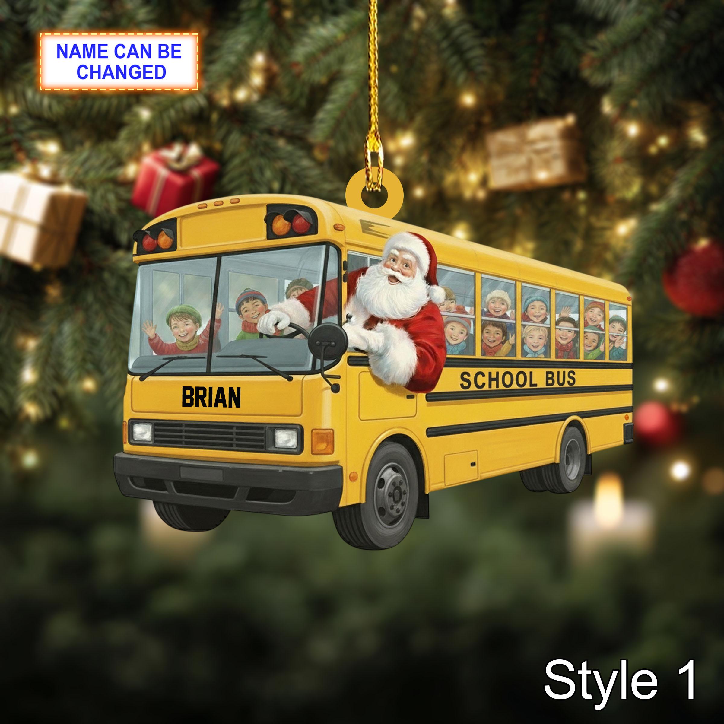 Custom Name Santa Drives School Bus Personalized Ornament, Christmas Tree Hanging Decor, 2D Flat Acrylic Christmas Ornament Holiday Gift