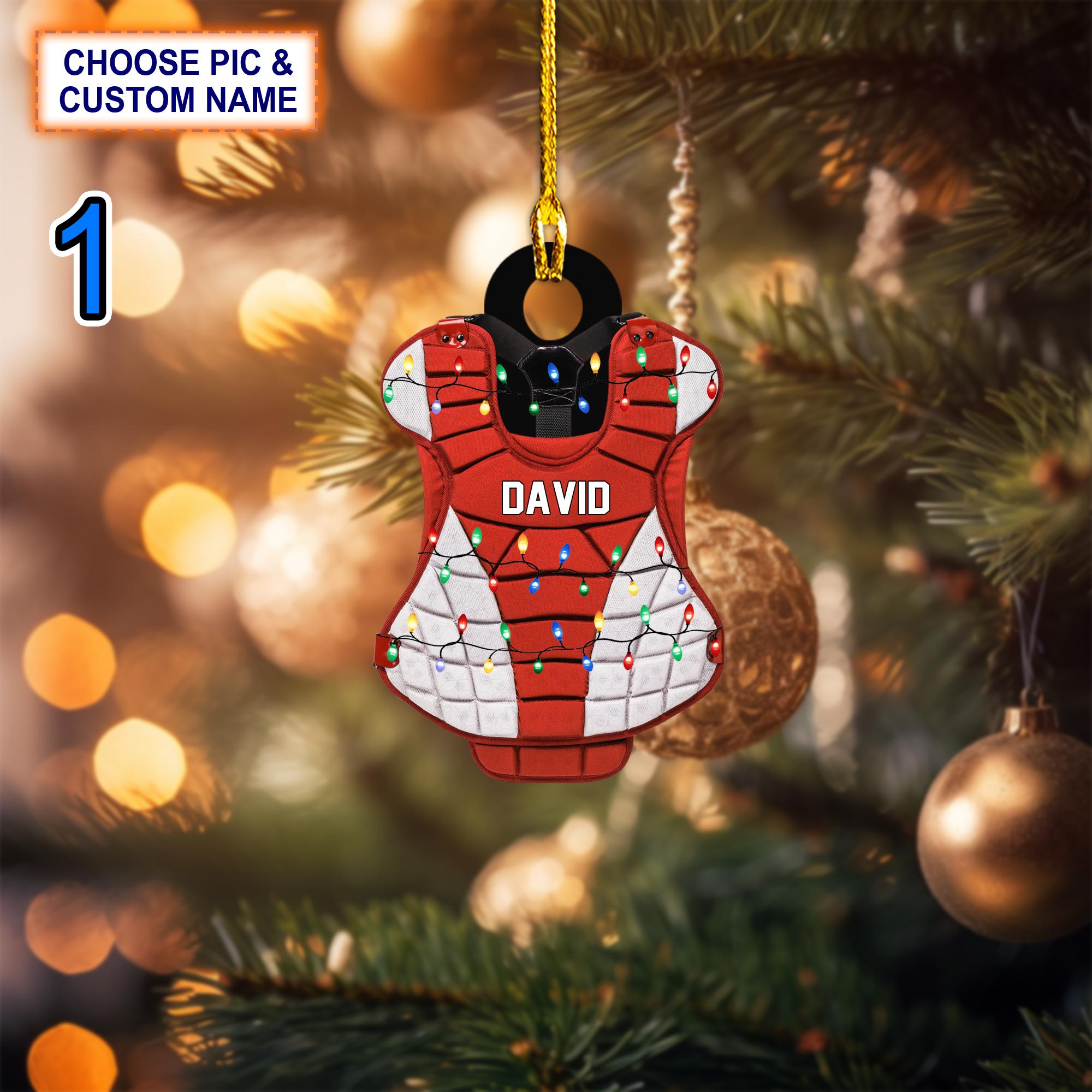 Custom Name Baseball Catcher Christmas Ornament, Christmas Tree Hanging Decor, Flat 2D Ornament Acrylic/ Wooden, Baseball Player Gift