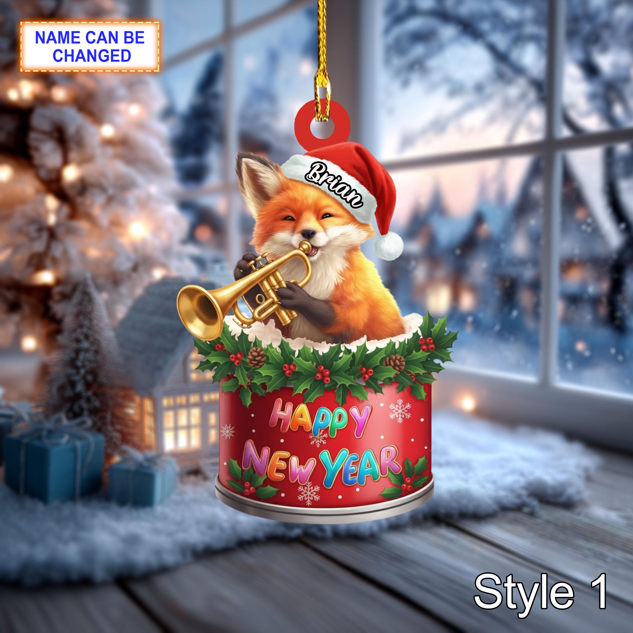 Custom Name Happy New Year Fox Personalized Ornament, Christmas Tree Hanging Decor, 2D Flat Acrylic Christmas Ornament Holiday Keepsake Gift