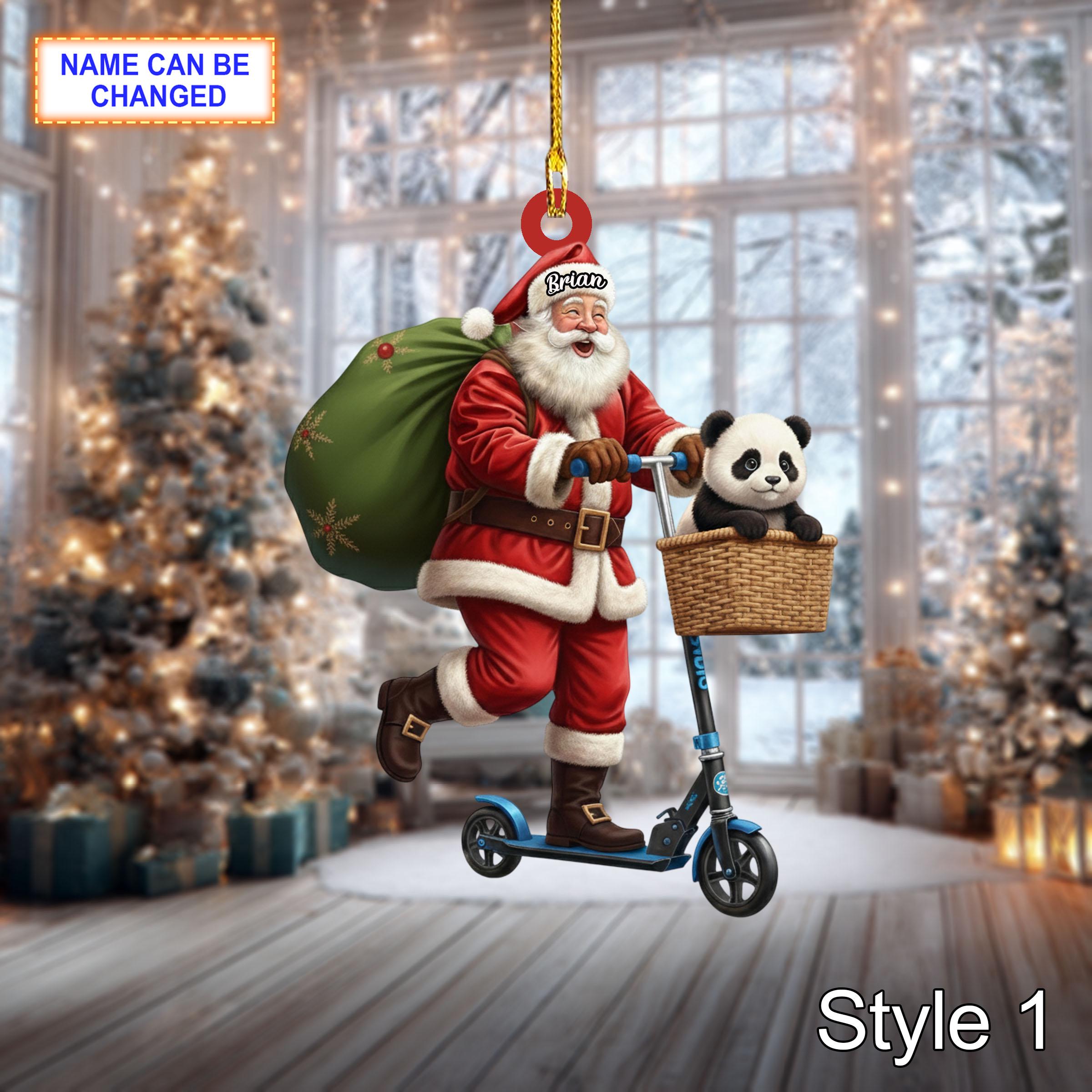 Custom Name Santa Kick Scooter Panda Personalized Ornament, Christmas Tree Hanging Decor, 2D Flat Acrylic Christmas Ornament Holiday Gift