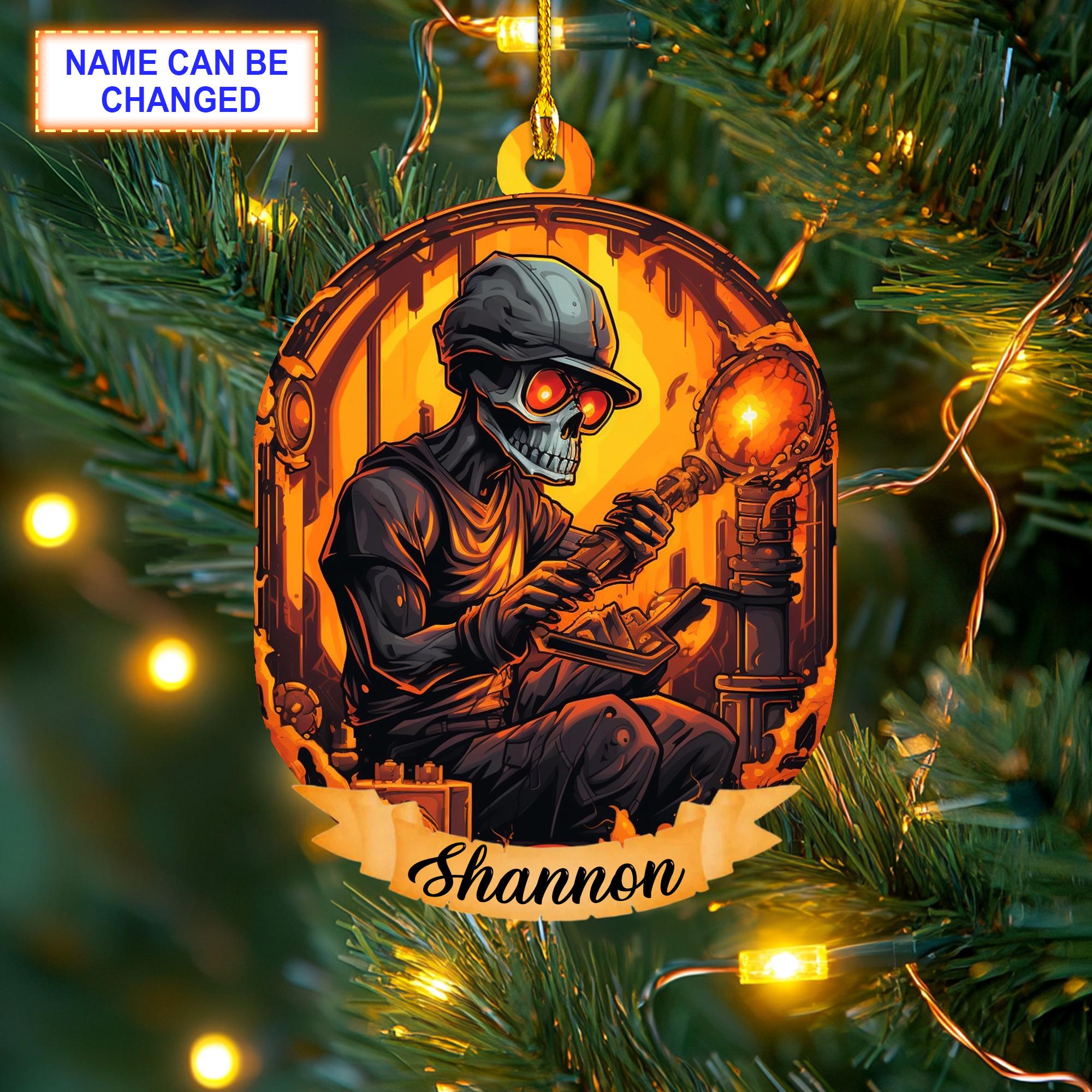 Custom Name Skeleton Welder Christmas Ornament, Christmas Tree Hanging Decor, Flat 2D Ornament Acrylic/ Wooden, Gift For Welder